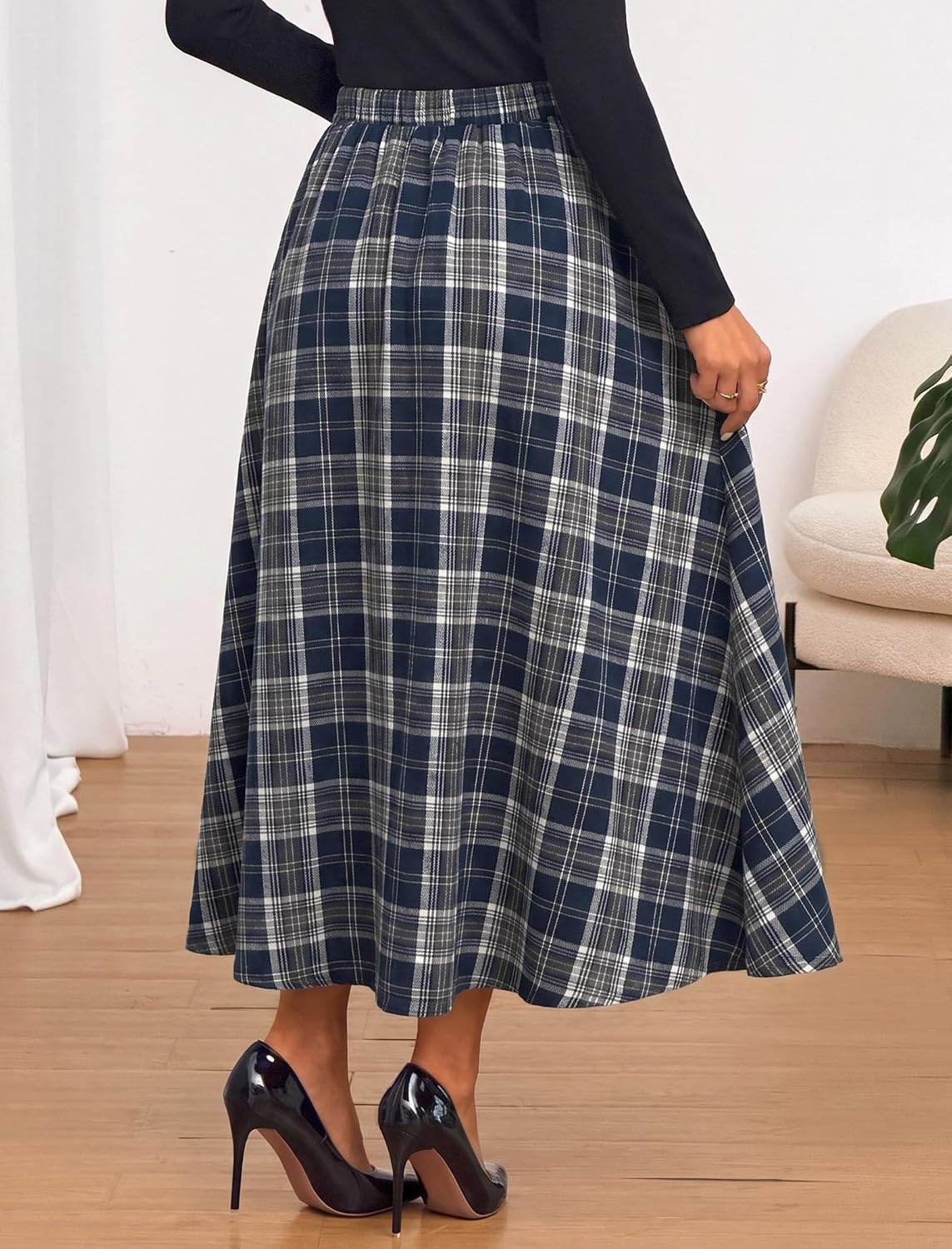 image:imageZAFUL Womens Plaid Skirts Elastic Waist ALine Pleated Midi SkirtsAnavy Blue