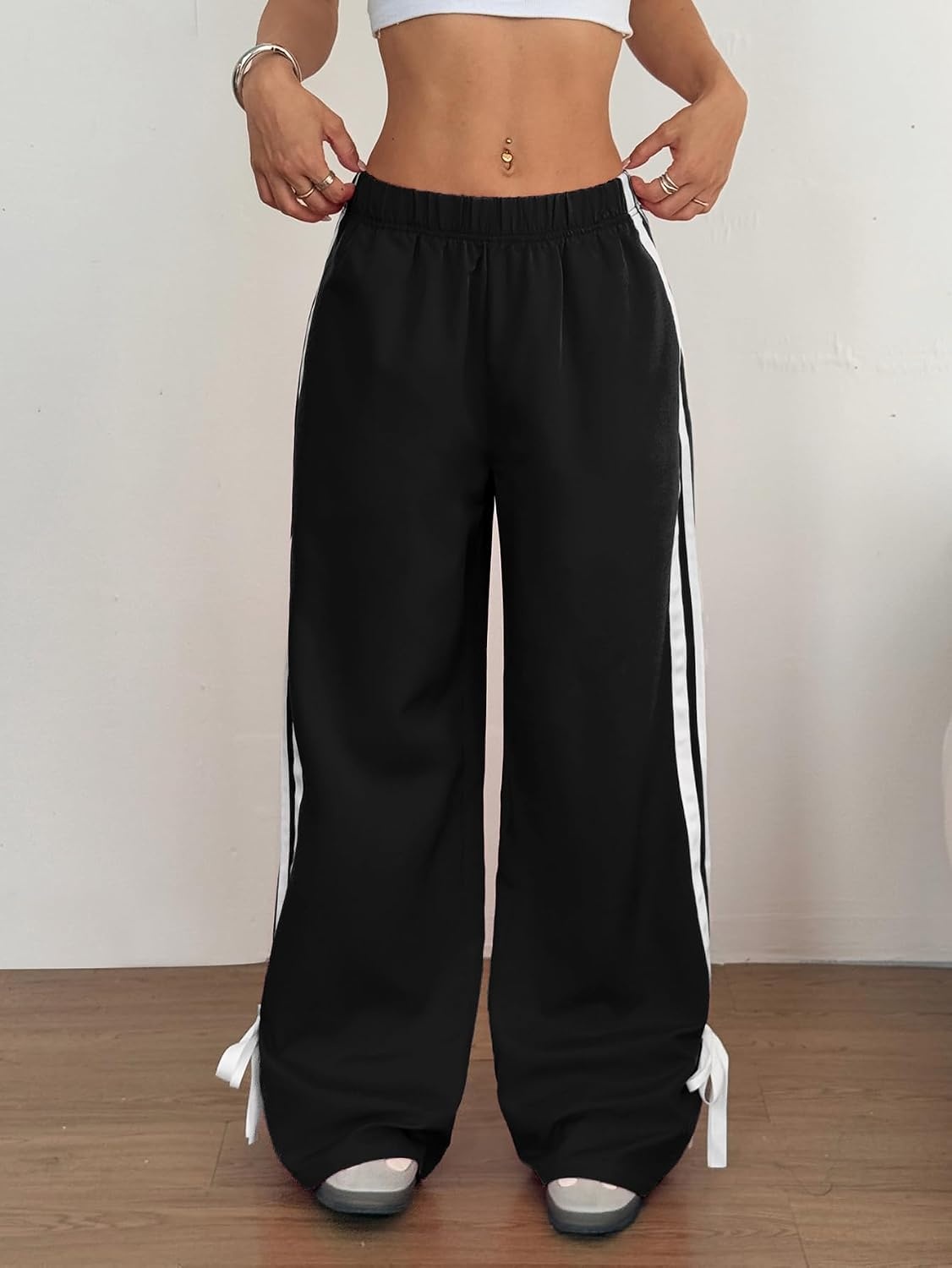 image:imageZAFUL Womens Side Striped Baggy Pants Wide Leg Track Pants Streetwear3black