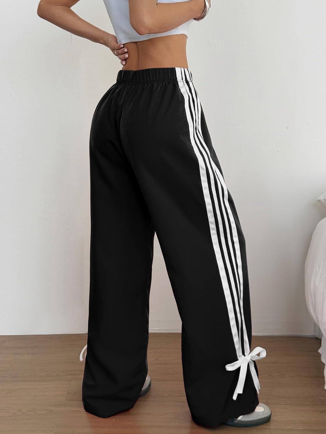 image:imageZAFUL Womens Side Striped Baggy Pants Wide Leg Track Pants Streetwear3black