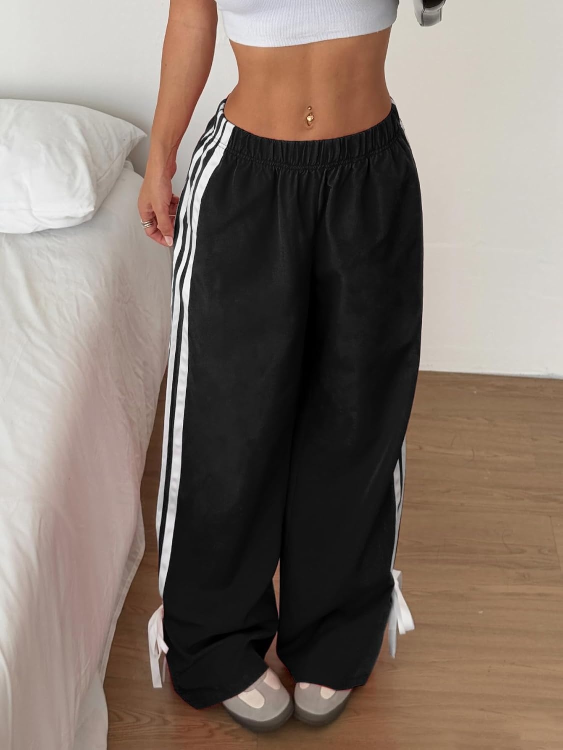 image:imageZAFUL Womens Side Striped Baggy Pants Wide Leg Track Pants Streetwear3black