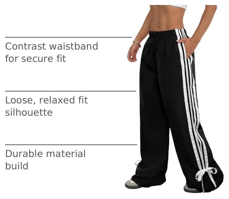 image:imageZAFUL Womens Side Striped Baggy Pants Wide Leg Track Pants Streetwear3black