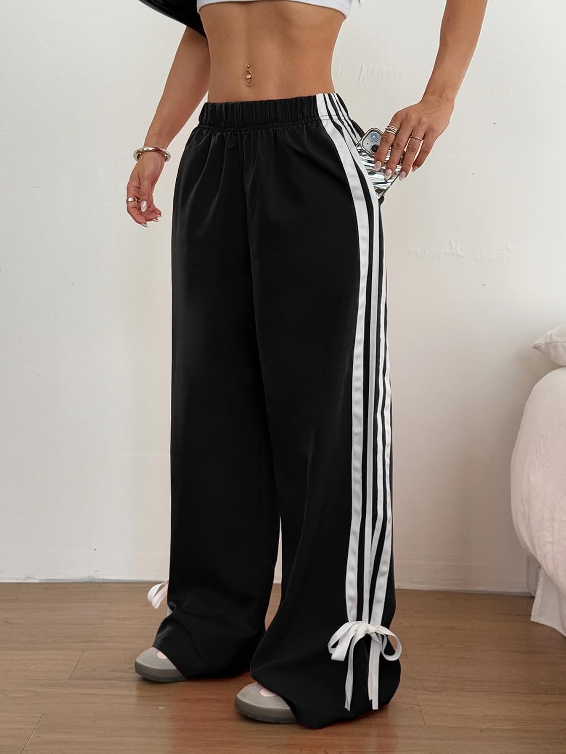 image:imageZAFUL Womens Side Striped Baggy Pants Wide Leg Track Pants Streetwear3black