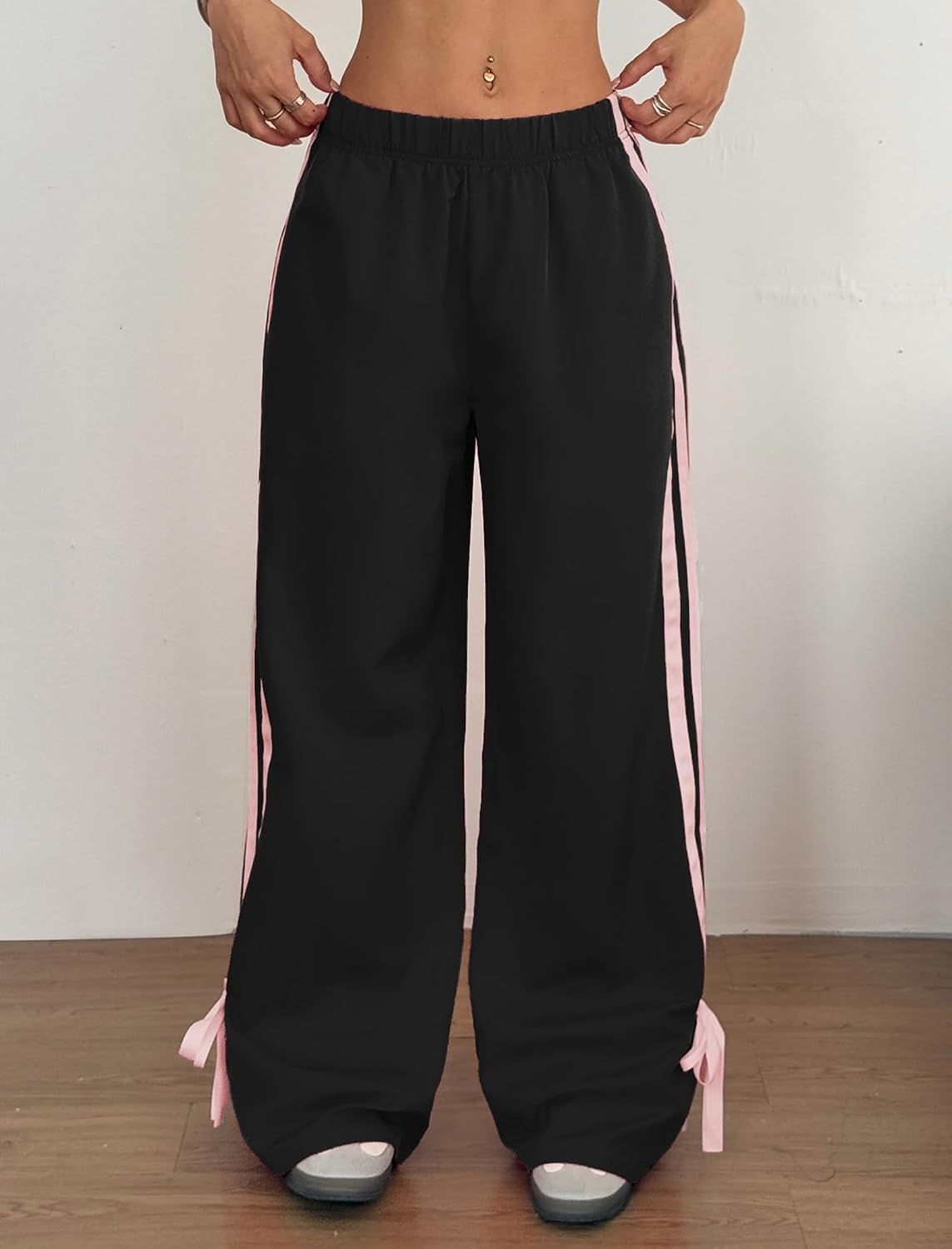 image:imageZAFUL Womens Side Striped Baggy Pants Wide Leg Track Pants Streetwear3blackpink
