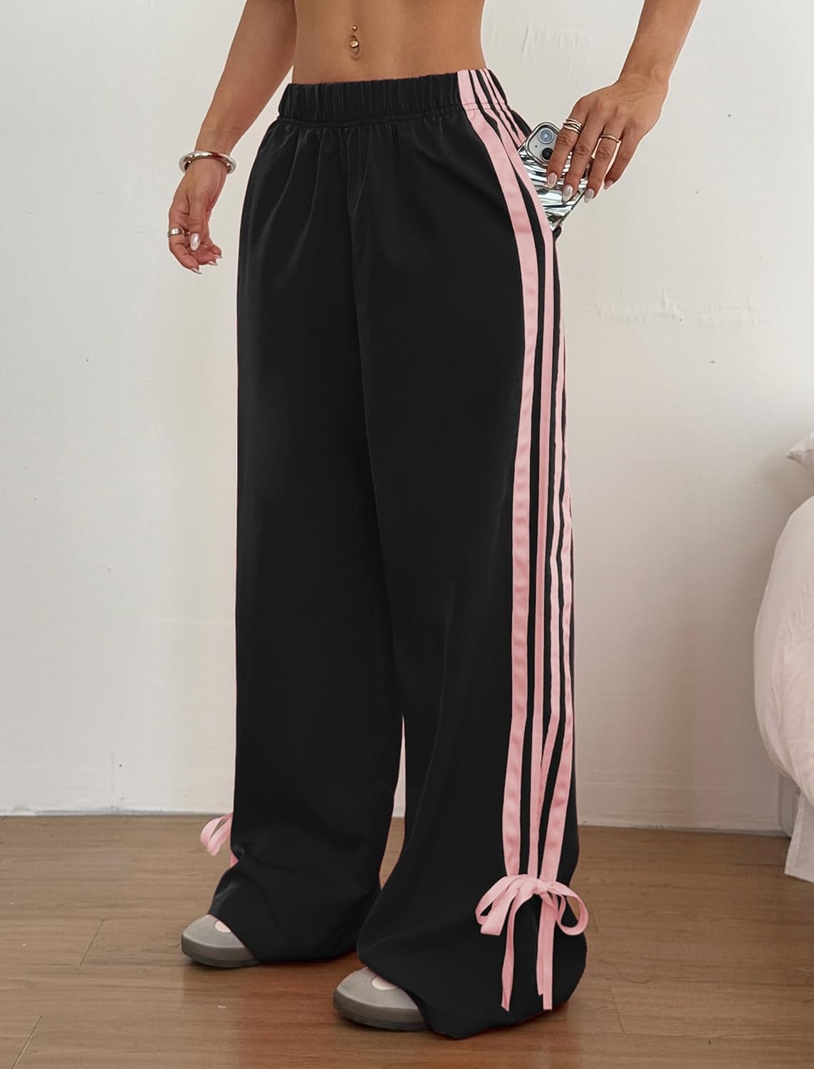 image:imageZAFUL Womens Side Striped Baggy Pants Wide Leg Track Pants Streetwear3blackpink