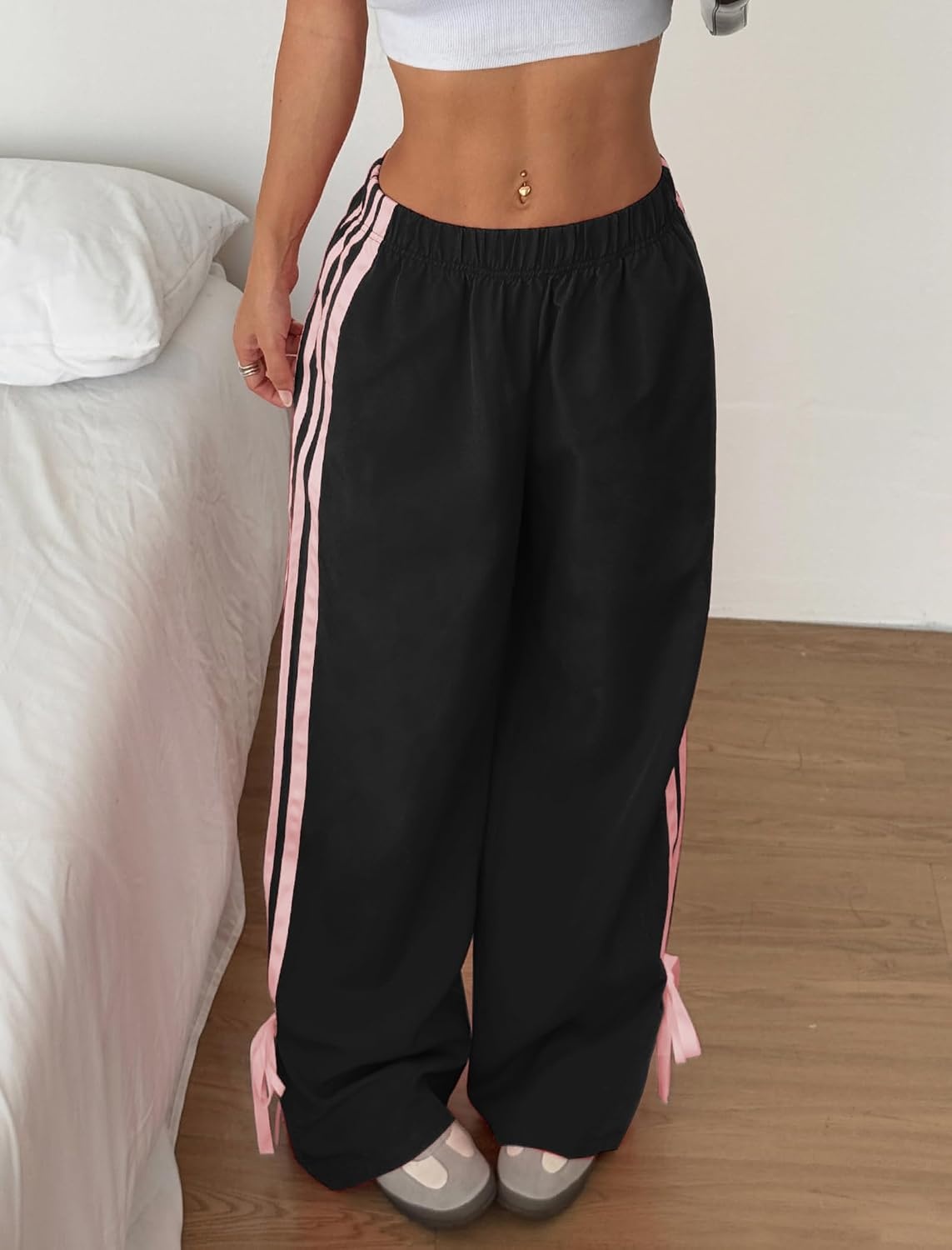 image:imageZAFUL Womens Side Striped Baggy Pants Wide Leg Track Pants Streetwear3blackpink