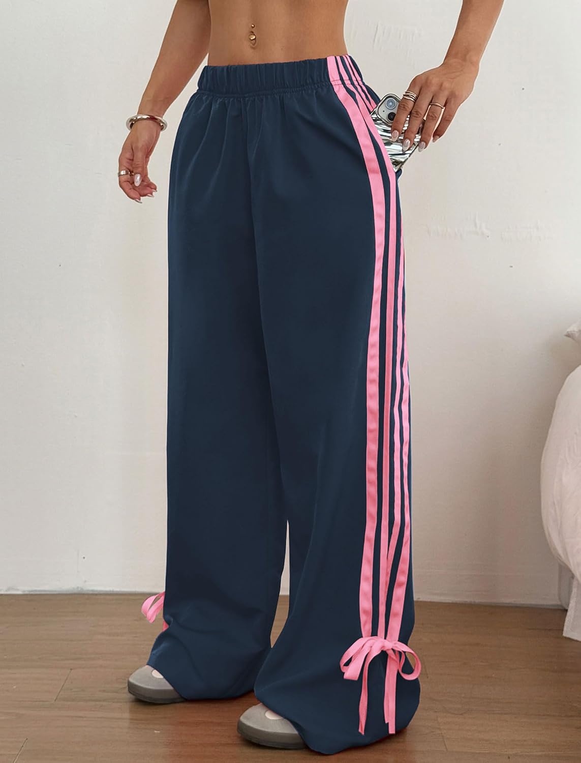 image:imageZAFUL Womens Side Striped Baggy Pants Wide Leg Track Pants Streetwear3bluepink
