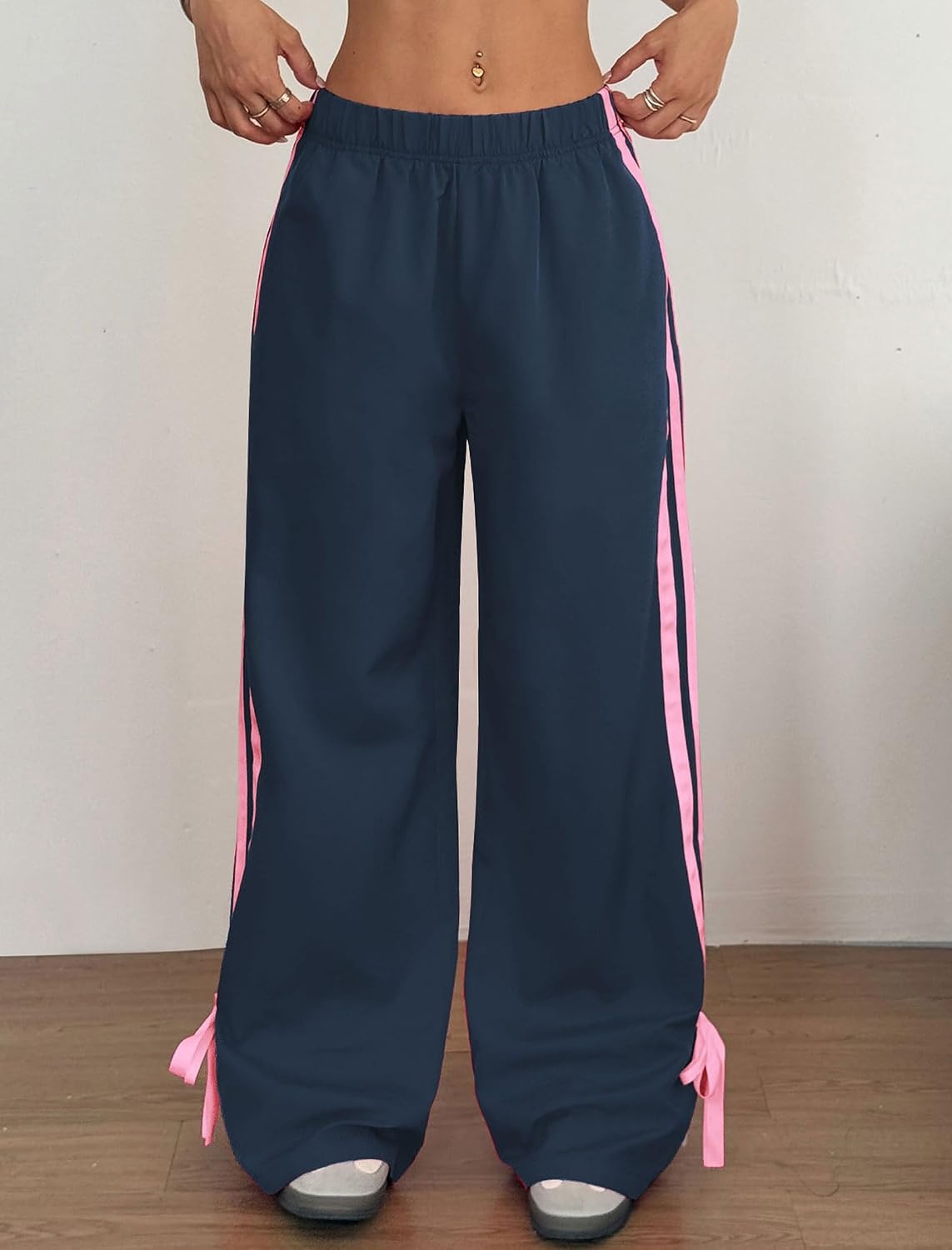 image:imageZAFUL Womens Side Striped Baggy Pants Wide Leg Track Pants Streetwear3bluepink