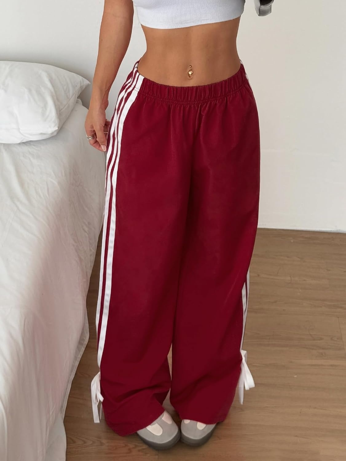 image:imageZAFUL Womens Side Striped Baggy Pants Wide Leg Track Pants Streetwear3burgundy