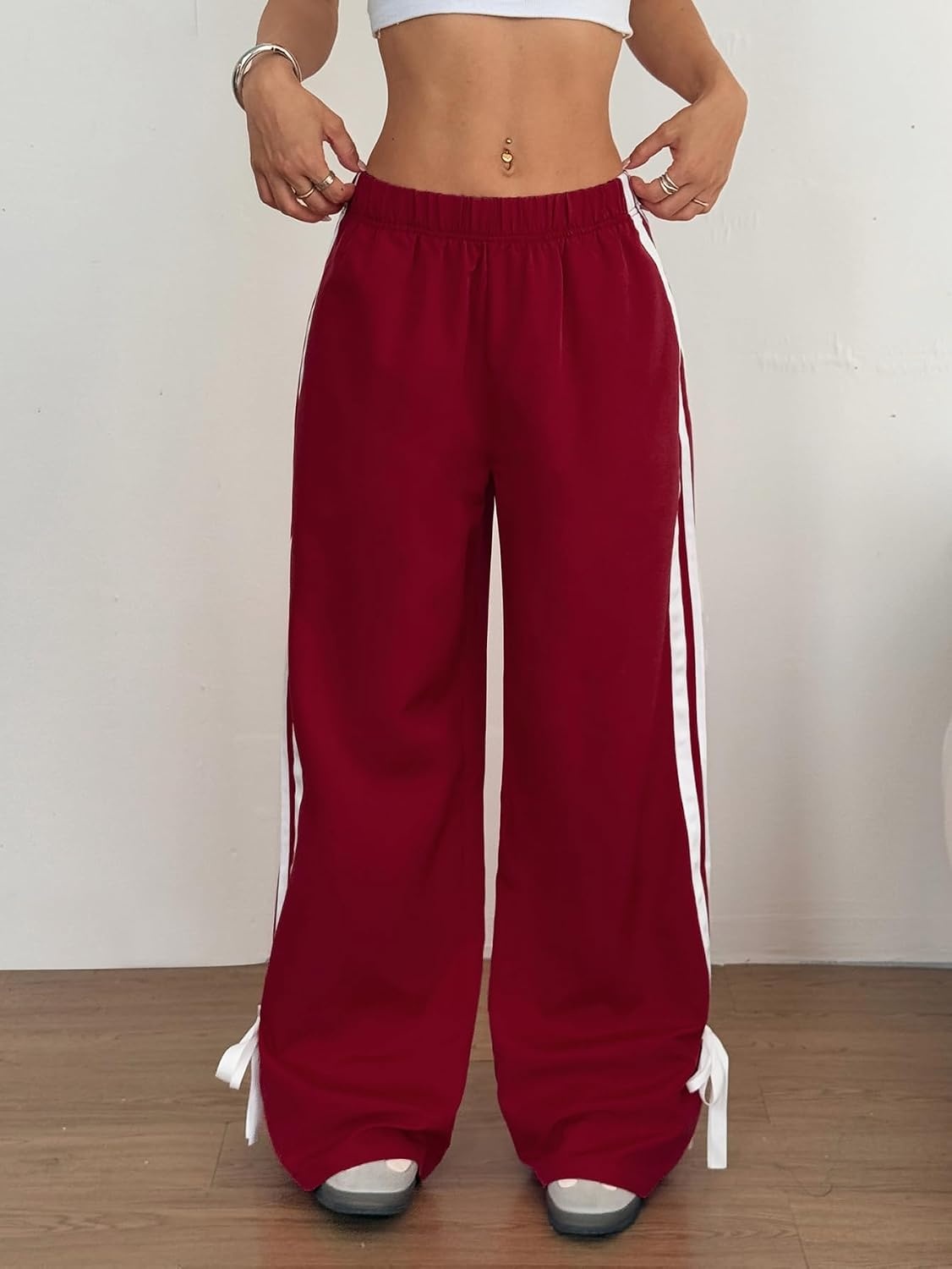 image:imageZAFUL Womens Side Striped Baggy Pants Wide Leg Track Pants Streetwear3burgundy
