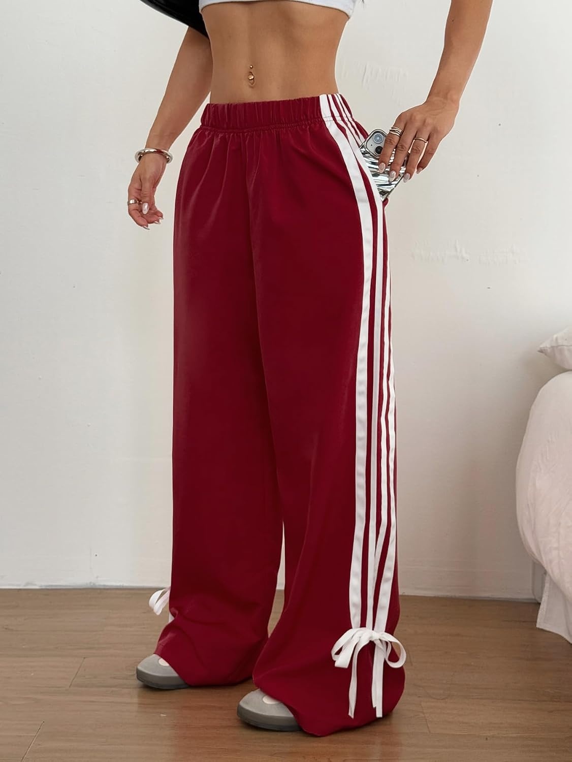 image:imageZAFUL Womens Side Striped Baggy Pants Wide Leg Track Pants Streetwear3burgundy