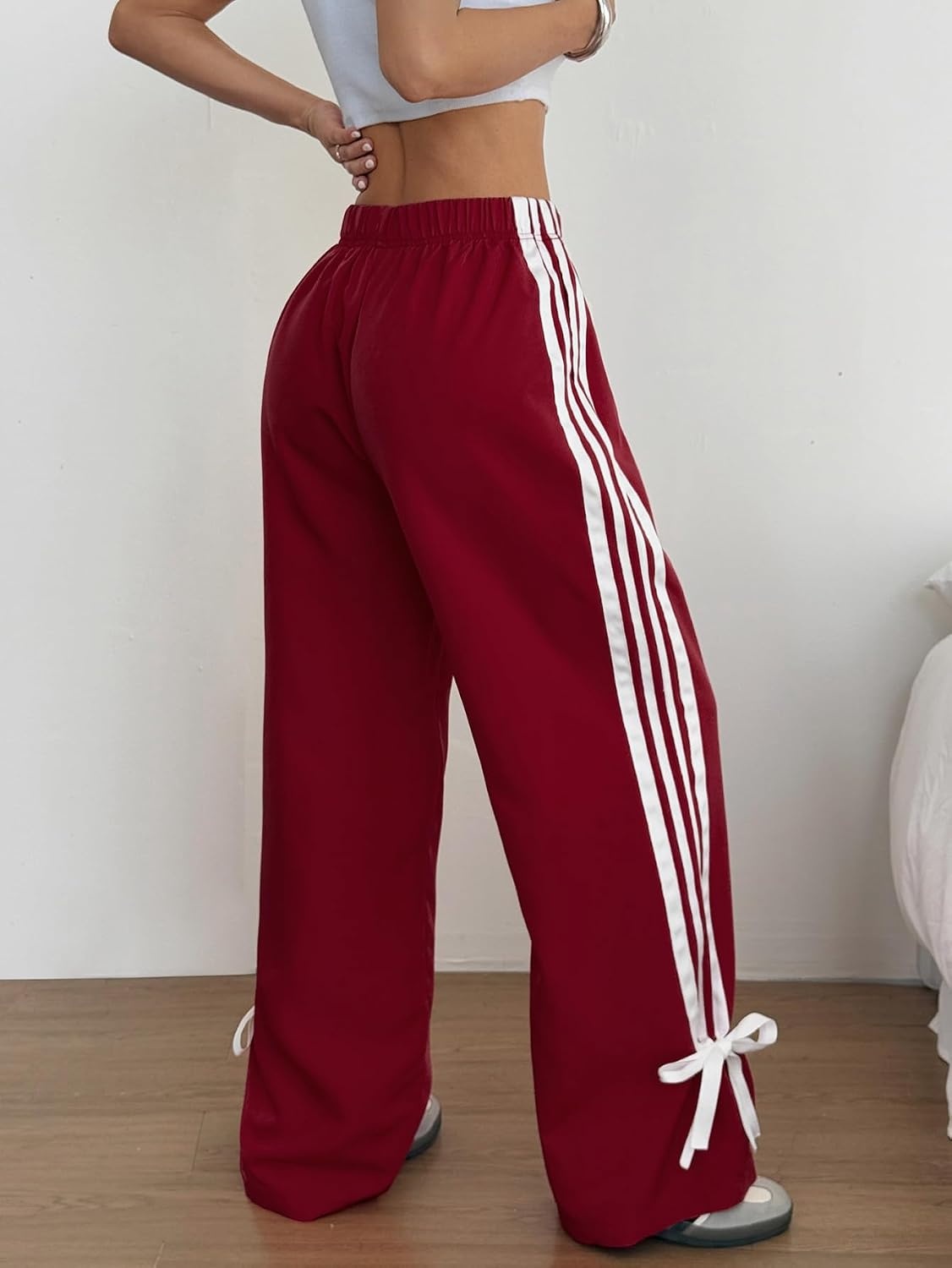 image:imageZAFUL Womens Side Striped Baggy Pants Wide Leg Track Pants Streetwear3burgundy