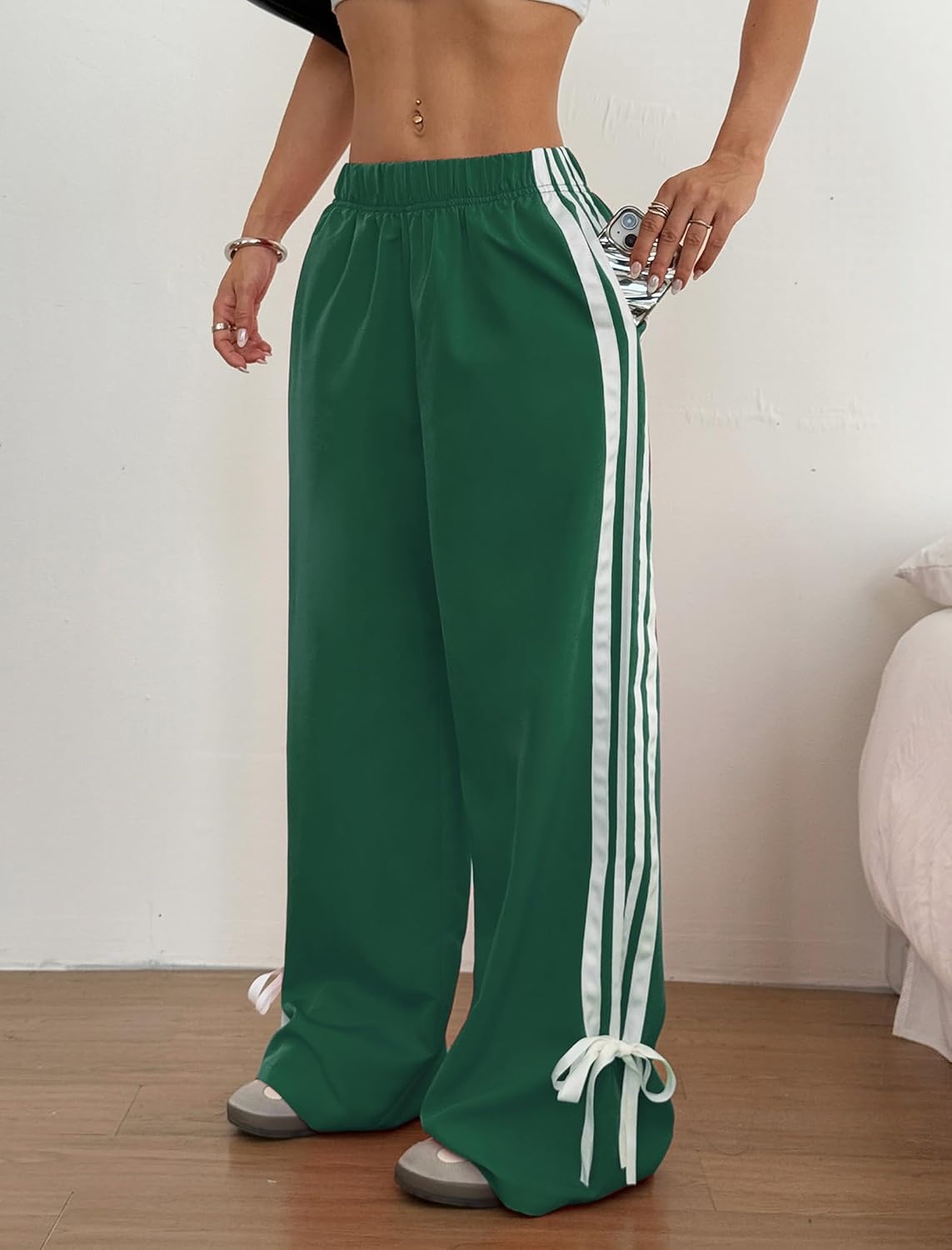 image:imageZAFUL Womens Side Striped Baggy Pants Wide Leg Track Pants Streetwear3green
