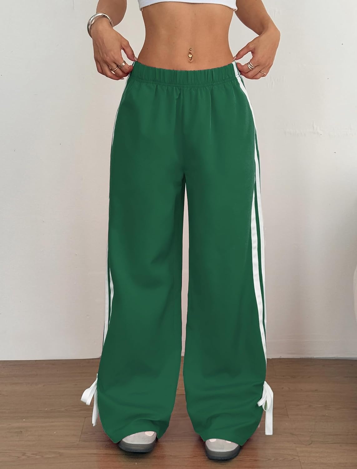 image:imageZAFUL Womens Side Striped Baggy Pants Wide Leg Track Pants Streetwear3green