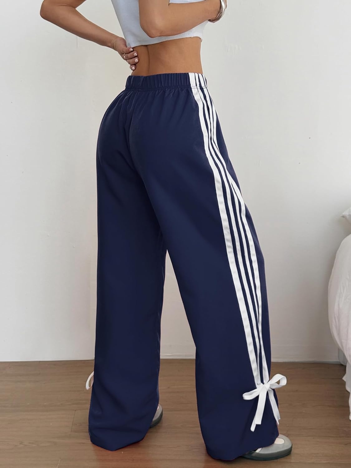 image:imageZAFUL Womens Side Striped Baggy Pants Wide Leg Track Pants Streetwear3navy
