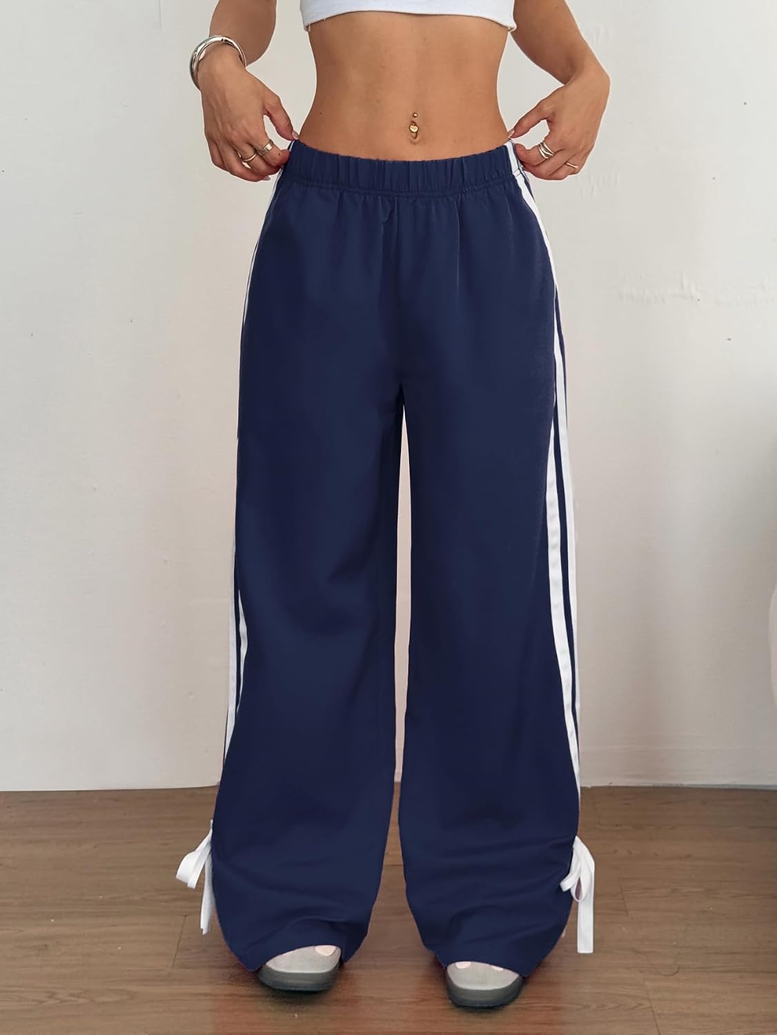 image:imageZAFUL Womens Side Striped Baggy Pants Wide Leg Track Pants Streetwear3navy