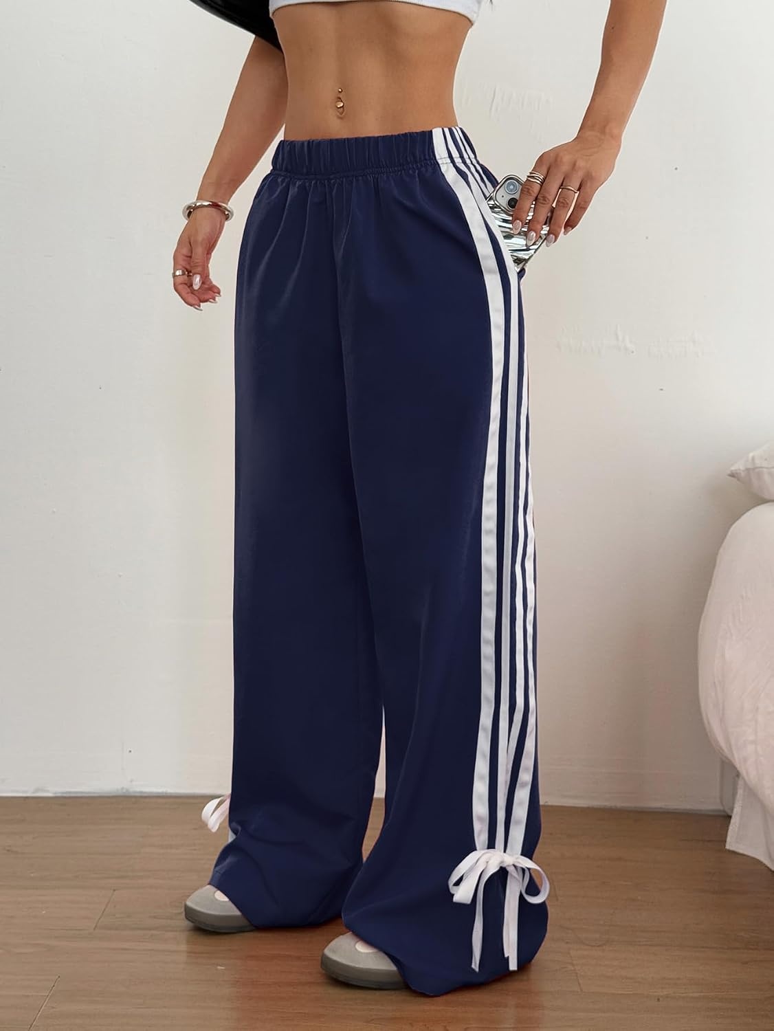 image:imageZAFUL Womens Side Striped Baggy Pants Wide Leg Track Pants Streetwear3navy