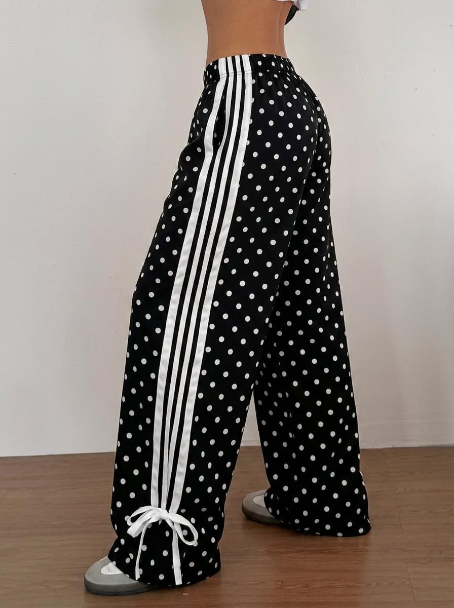 image:imageZAFUL Womens Side Striped Baggy Pants Wide Leg Track Pants Streetwear3polka Black