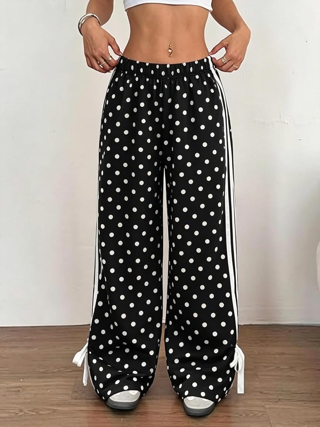 image:imageZAFUL Womens Side Striped Baggy Pants Wide Leg Track Pants Streetwear3polka Black