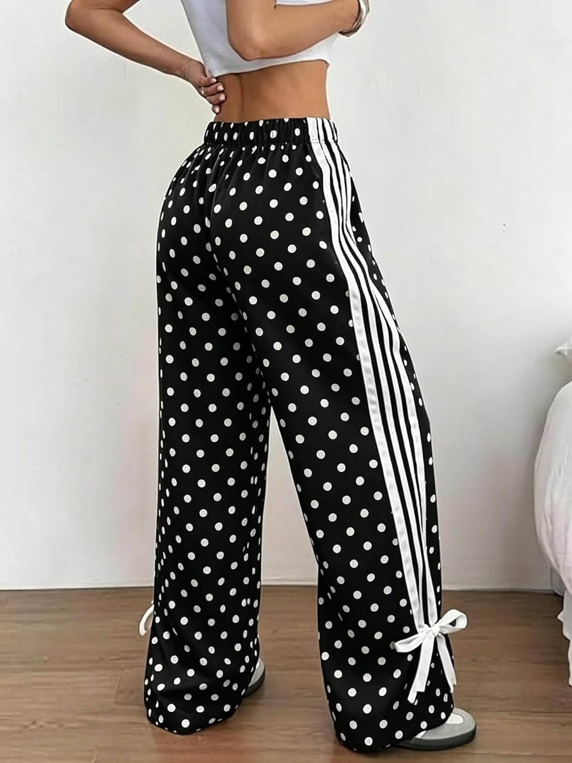 image:imageZAFUL Womens Side Striped Baggy Pants Wide Leg Track Pants Streetwear3polka Black