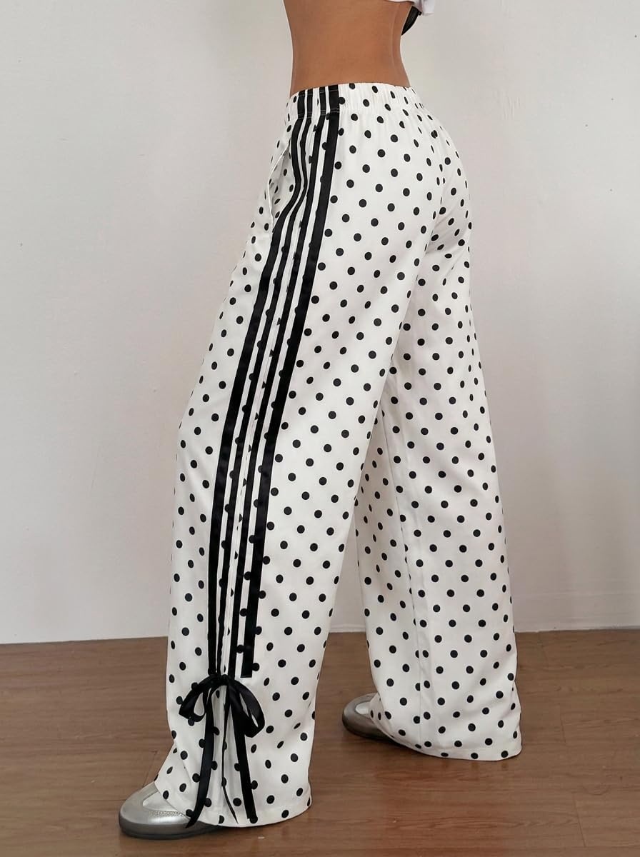 image:imageZAFUL Womens Side Striped Baggy Pants Wide Leg Track Pants Streetwear3polka White