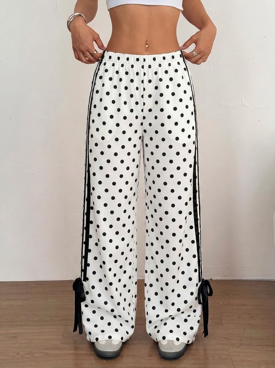 image:imageZAFUL Womens Side Striped Baggy Pants Wide Leg Track Pants Streetwear3polka White