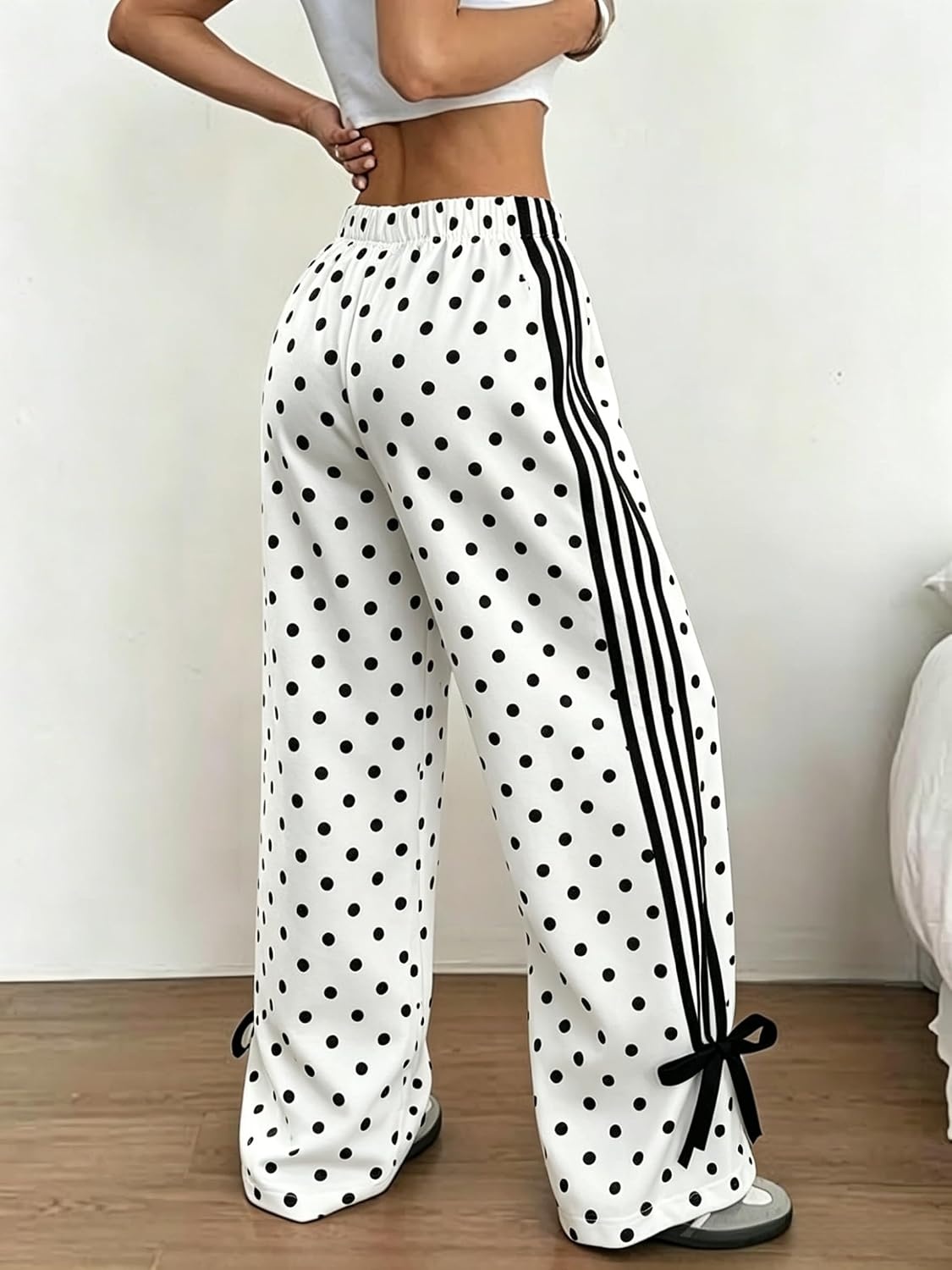 image:imageZAFUL Womens Side Striped Baggy Pants Wide Leg Track Pants Streetwear3polka White