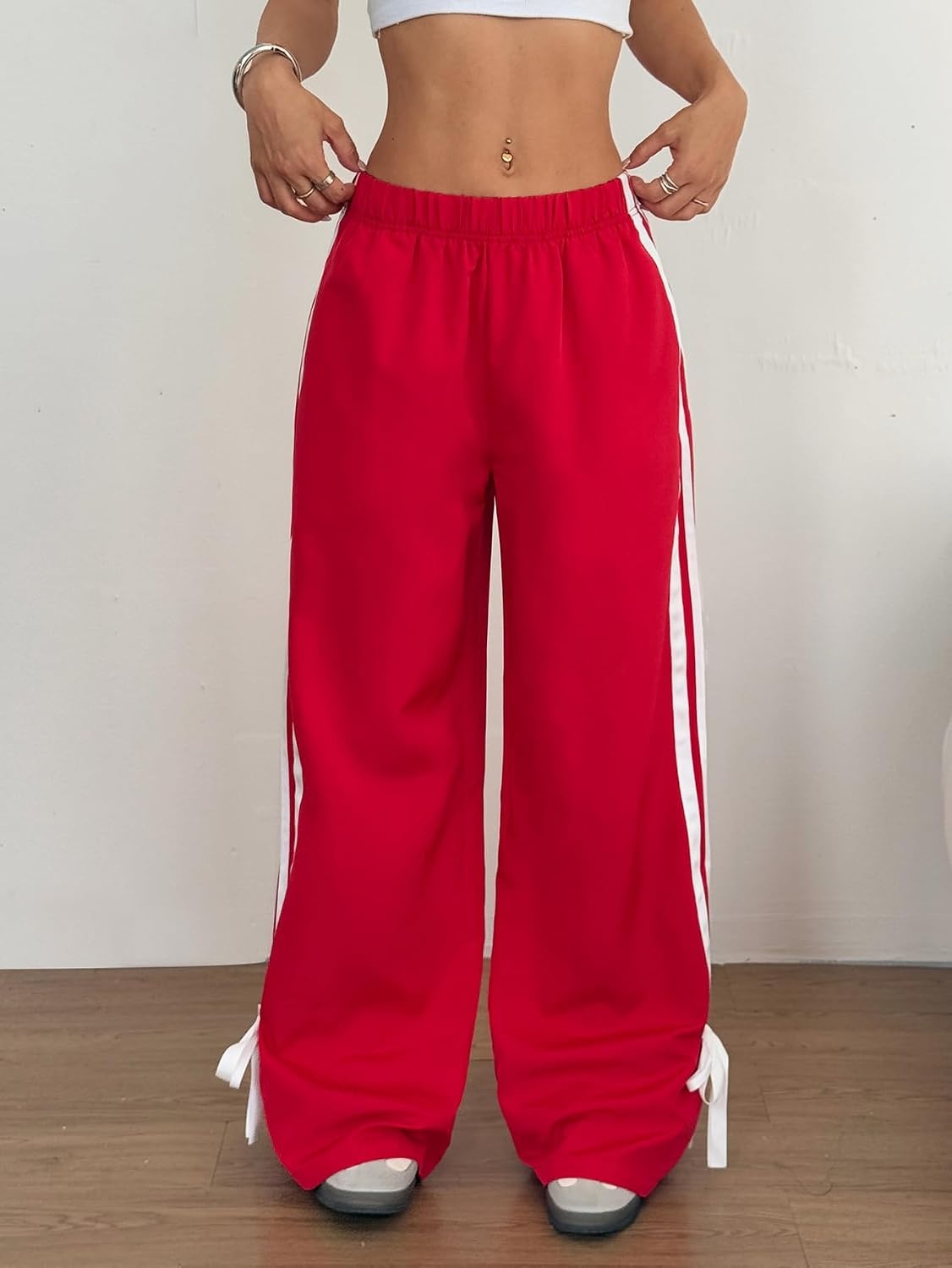 image:imageZAFUL Womens Side Striped Baggy Pants Wide Leg Track Pants Streetwear3red