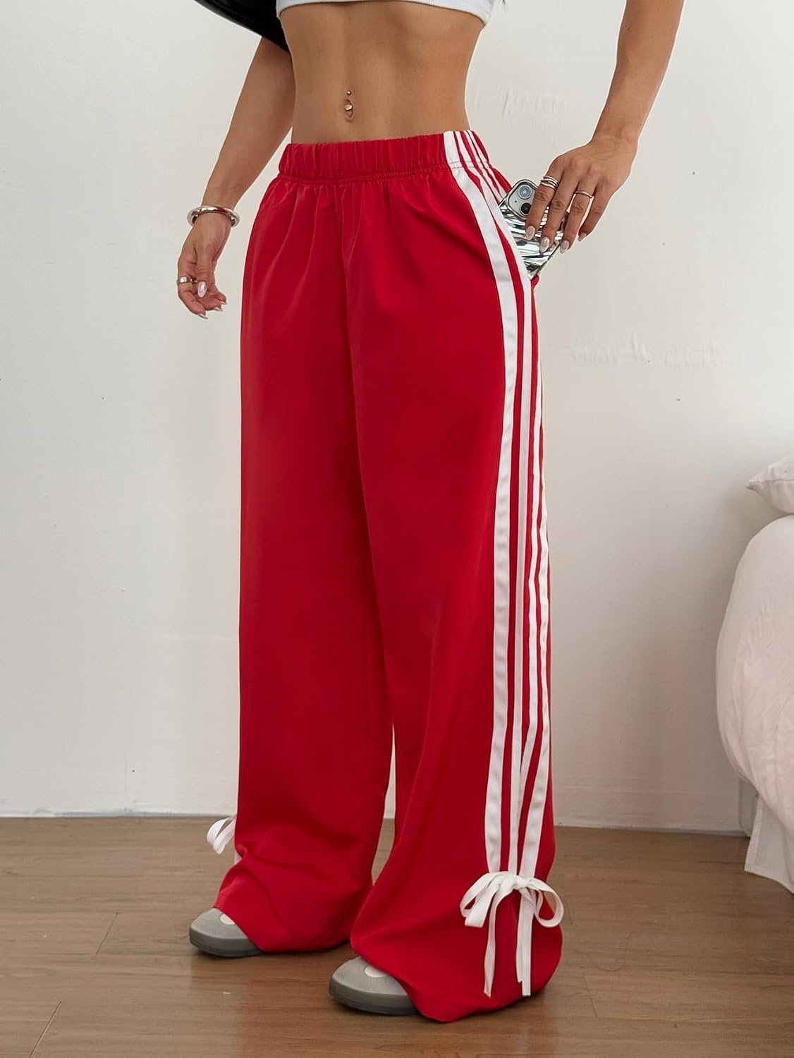 image:imageZAFUL Womens Side Striped Baggy Pants Wide Leg Track Pants Streetwear3red