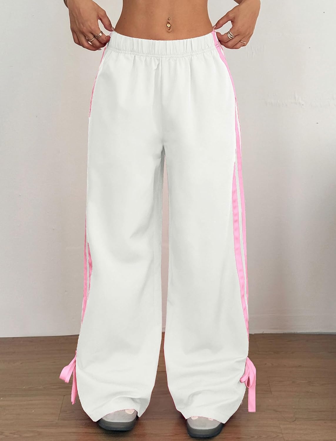 image:imageZAFUL Womens Side Striped Baggy Pants Wide Leg Track Pants Streetwear3whitepink