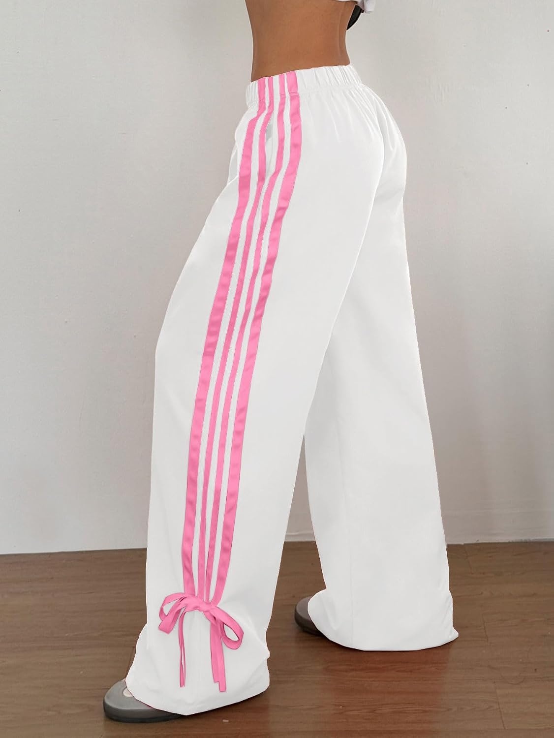 image:imageZAFUL Womens Side Striped Baggy Pants Wide Leg Track Pants Streetwear3whitepink