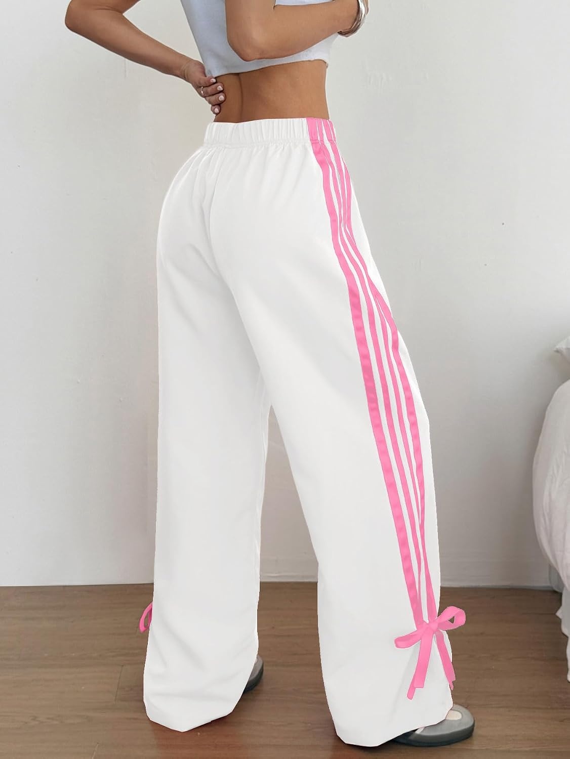 image:imageZAFUL Womens Side Striped Baggy Pants Wide Leg Track Pants Streetwear3whitepink