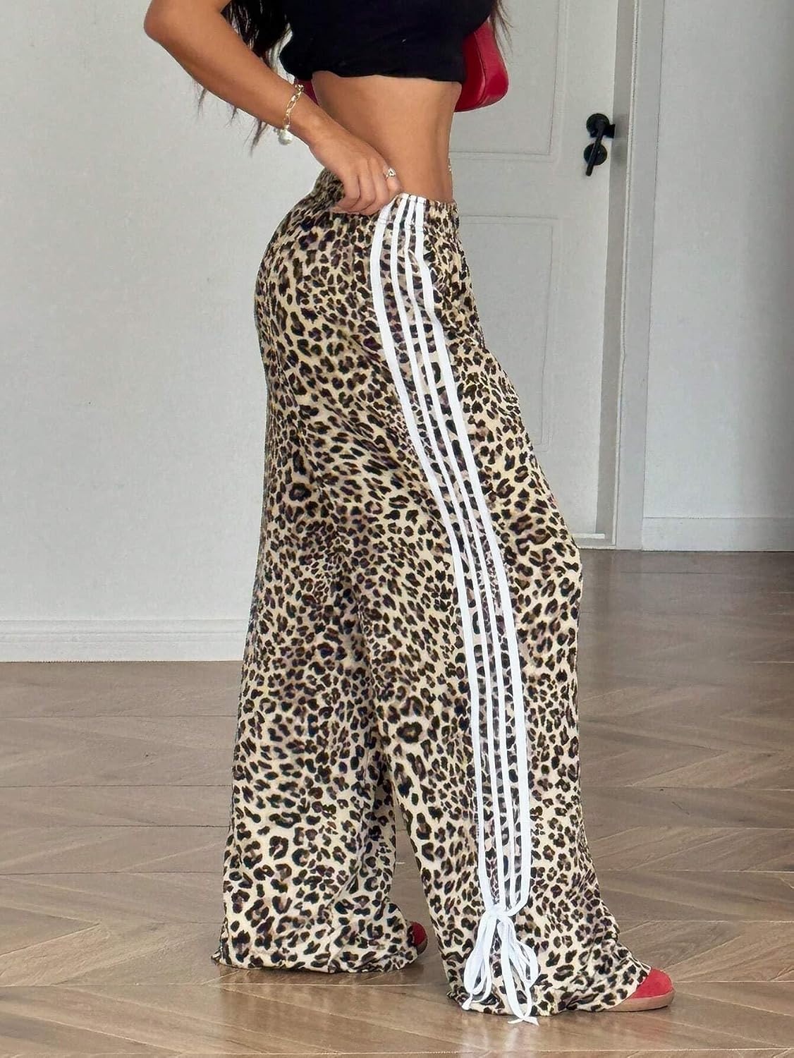 image:imageZAFUL Womens Side Striped Baggy Pants Wide Leg Track Pants Streetwear4apricot Leopard