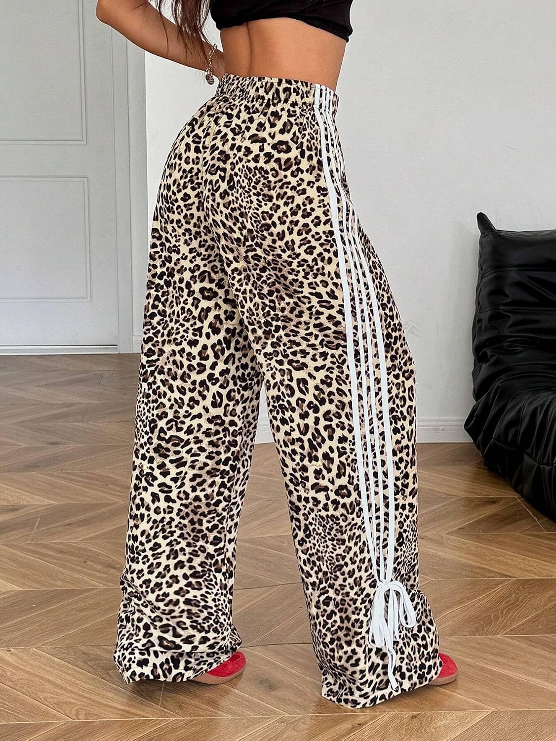 image:imageZAFUL Womens Side Striped Baggy Pants Wide Leg Track Pants Streetwear4apricot Leopard