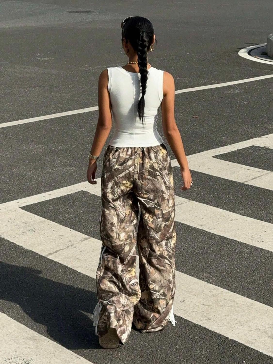 image:imageZAFUL Womens Side Striped Baggy Pants Wide Leg Track Pants Streetwear4brown Leaf