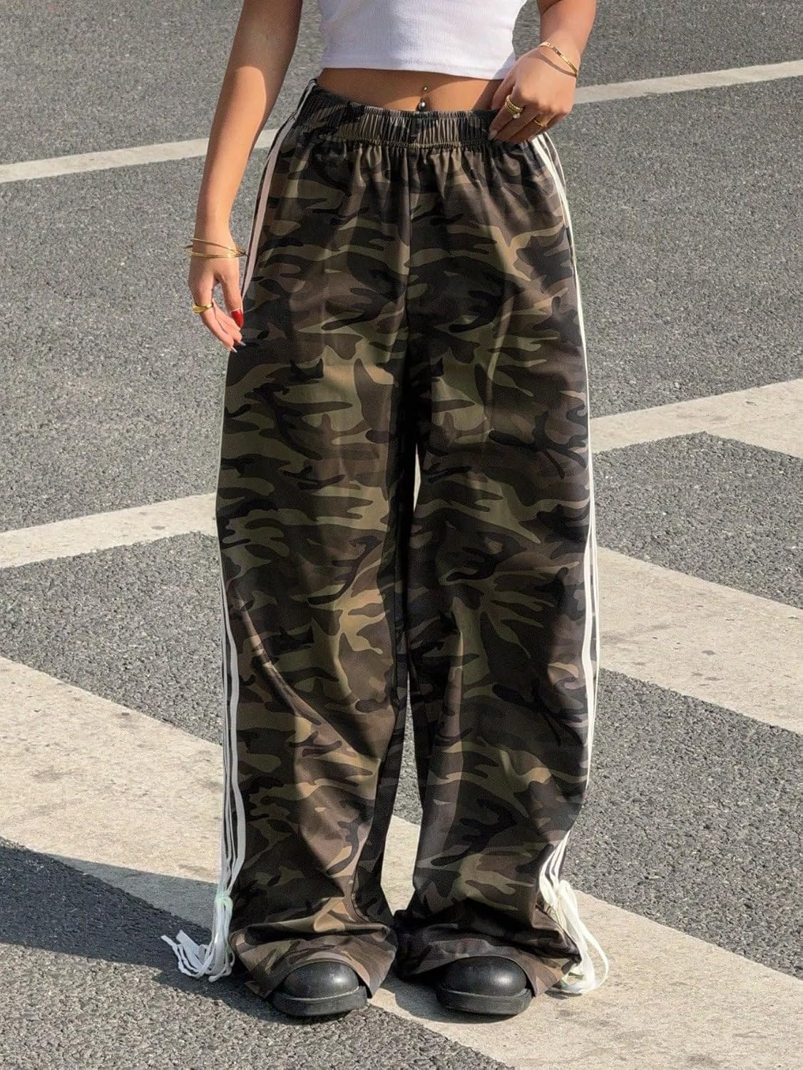 image:imageZAFUL Womens Side Striped Baggy Pants Wide Leg Track Pants Streetwear4camouflage