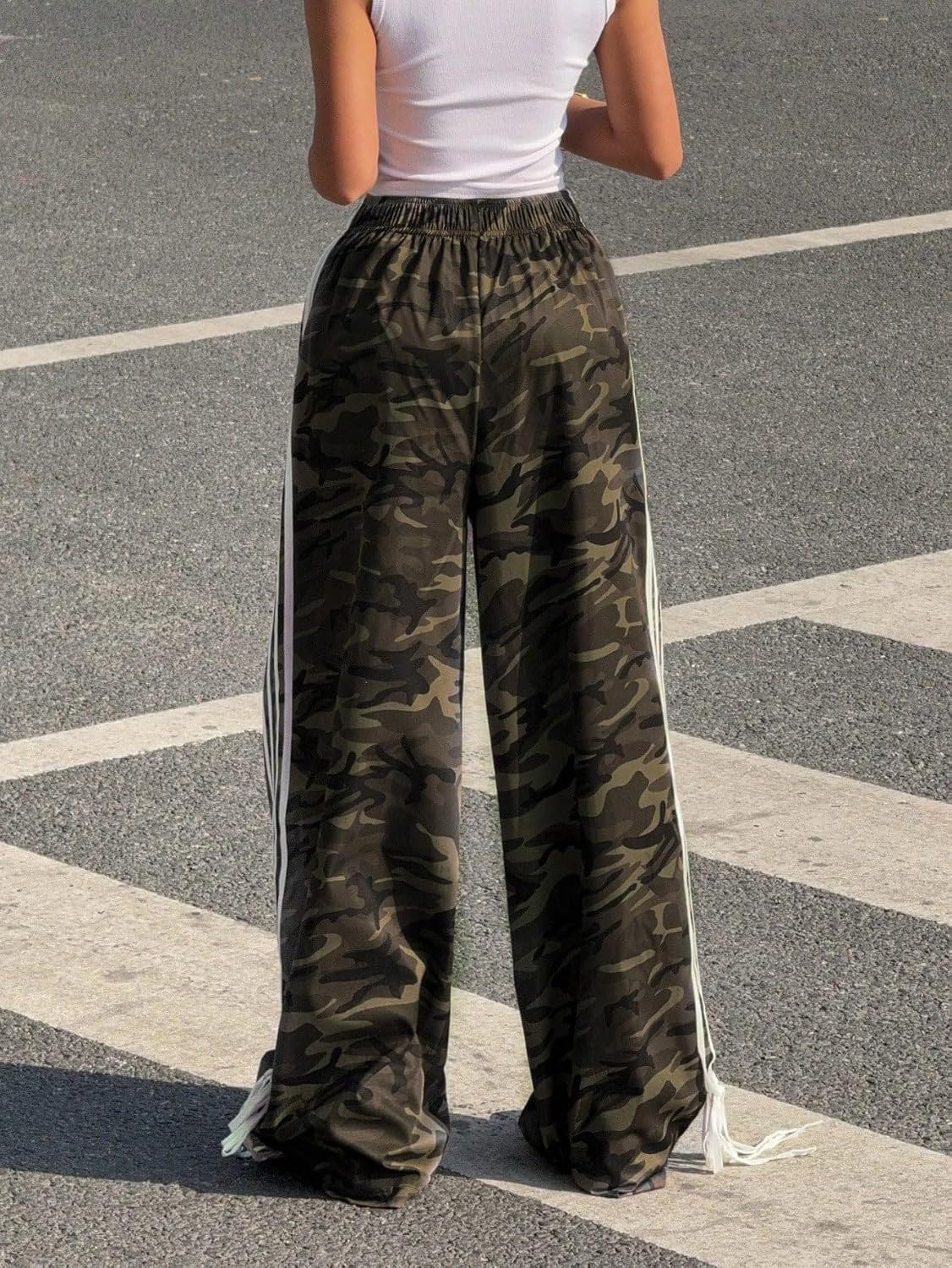image:imageZAFUL Womens Side Striped Baggy Pants Wide Leg Track Pants Streetwear4camouflage