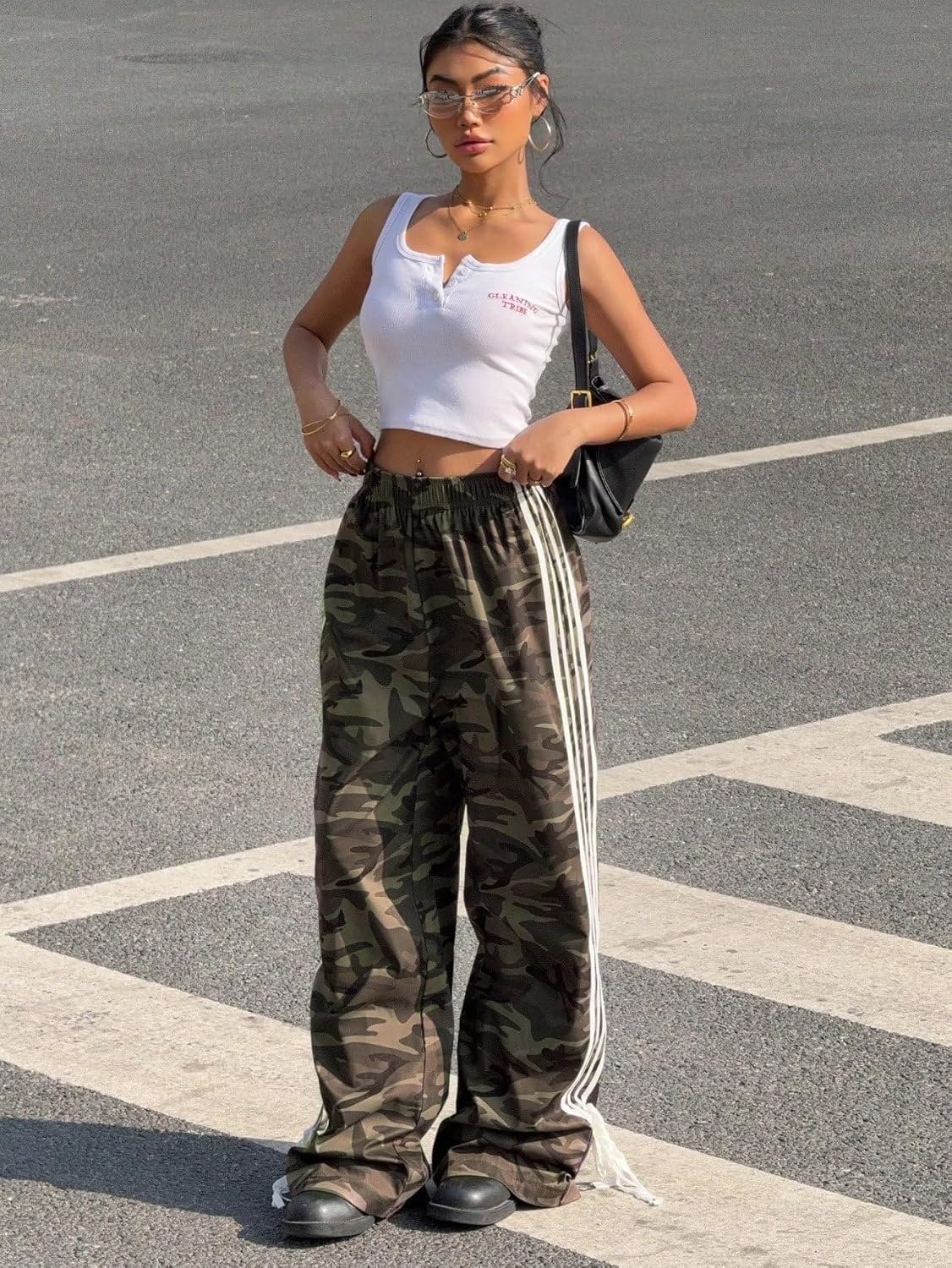 image:imageZAFUL Womens Side Striped Baggy Pants Wide Leg Track Pants Streetwear4camouflage