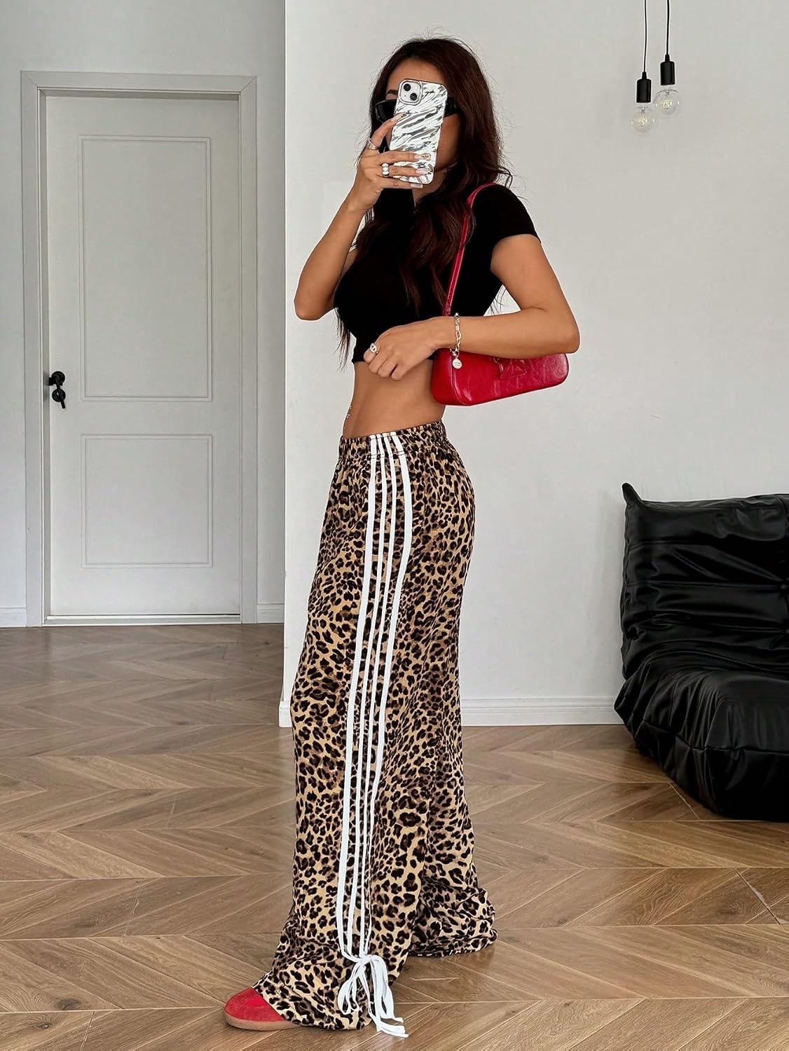 image:imageZAFUL Womens Side Striped Baggy Pants Wide Leg Track Pants Streetwear4coffee Leopard