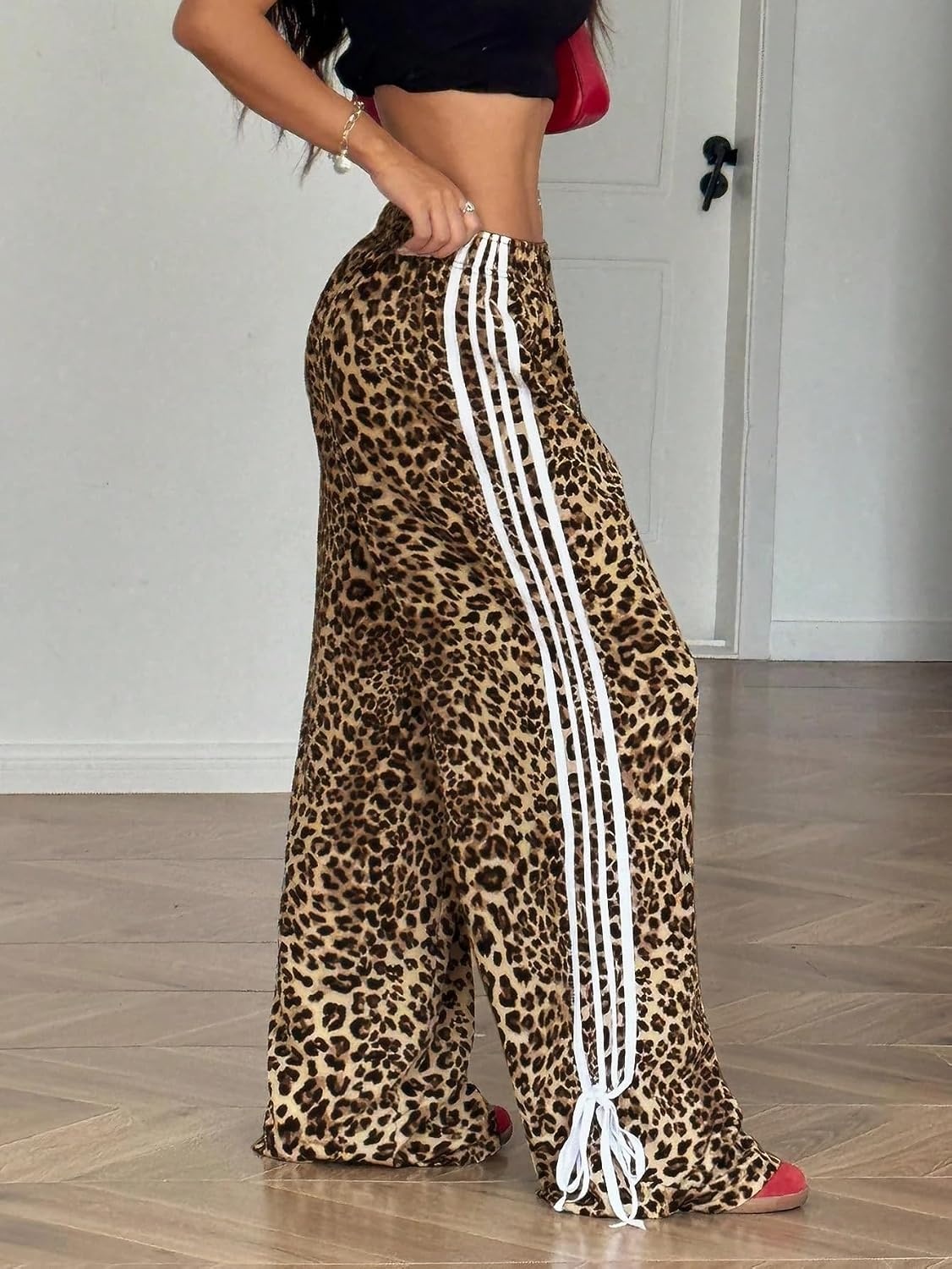 image:imageZAFUL Womens Side Striped Baggy Pants Wide Leg Track Pants Streetwear4coffee Leopard