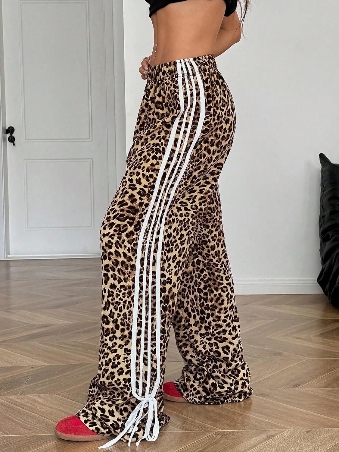 image:imageZAFUL Womens Side Striped Baggy Pants Wide Leg Track Pants Streetwear4coffee Leopard