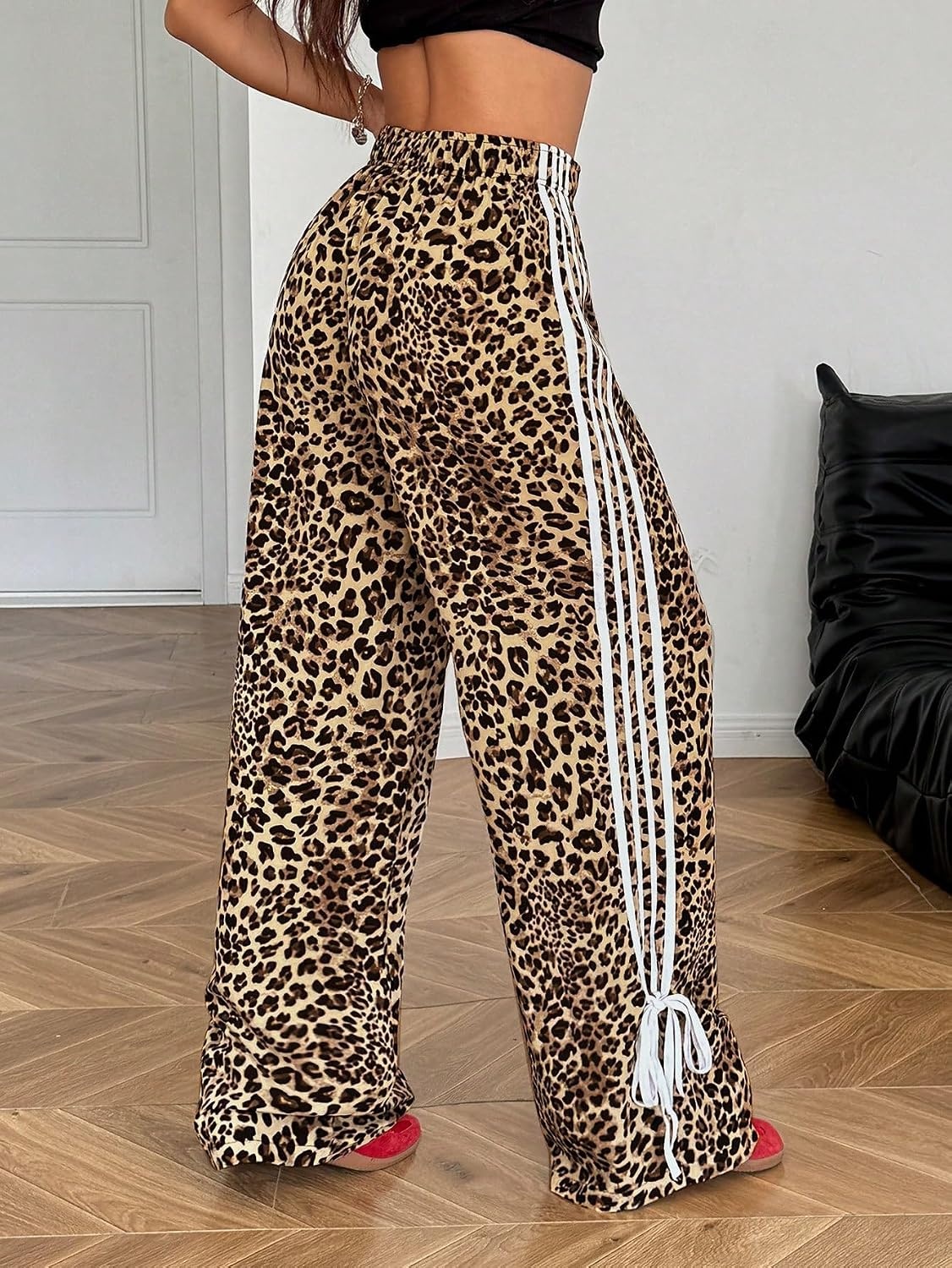 image:imageZAFUL Womens Side Striped Baggy Pants Wide Leg Track Pants Streetwear4coffee Leopard