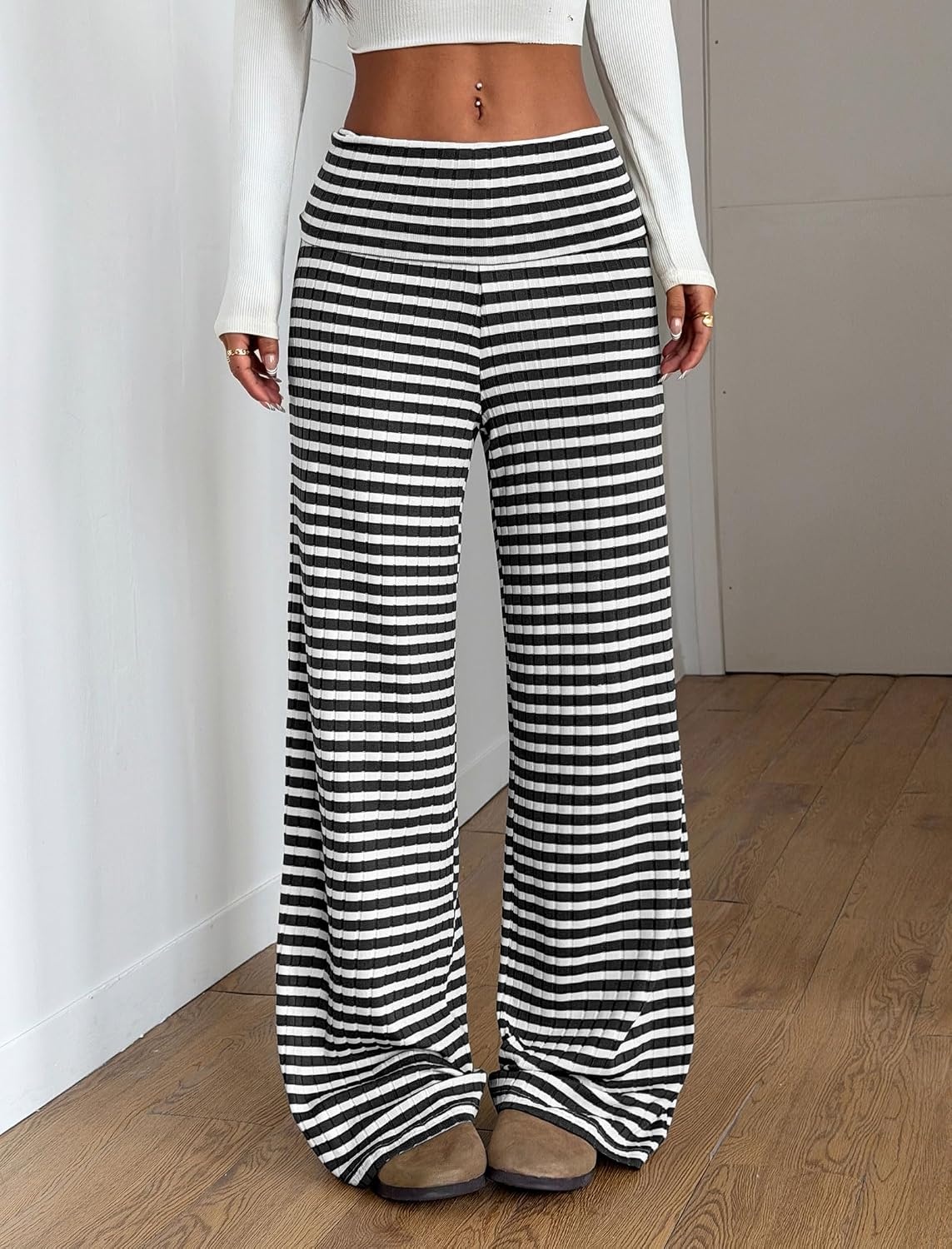 image:imageZAFUL Womens Striped Pants Fold Waist Wide Leg Pants Lounge Pajama Pants1black