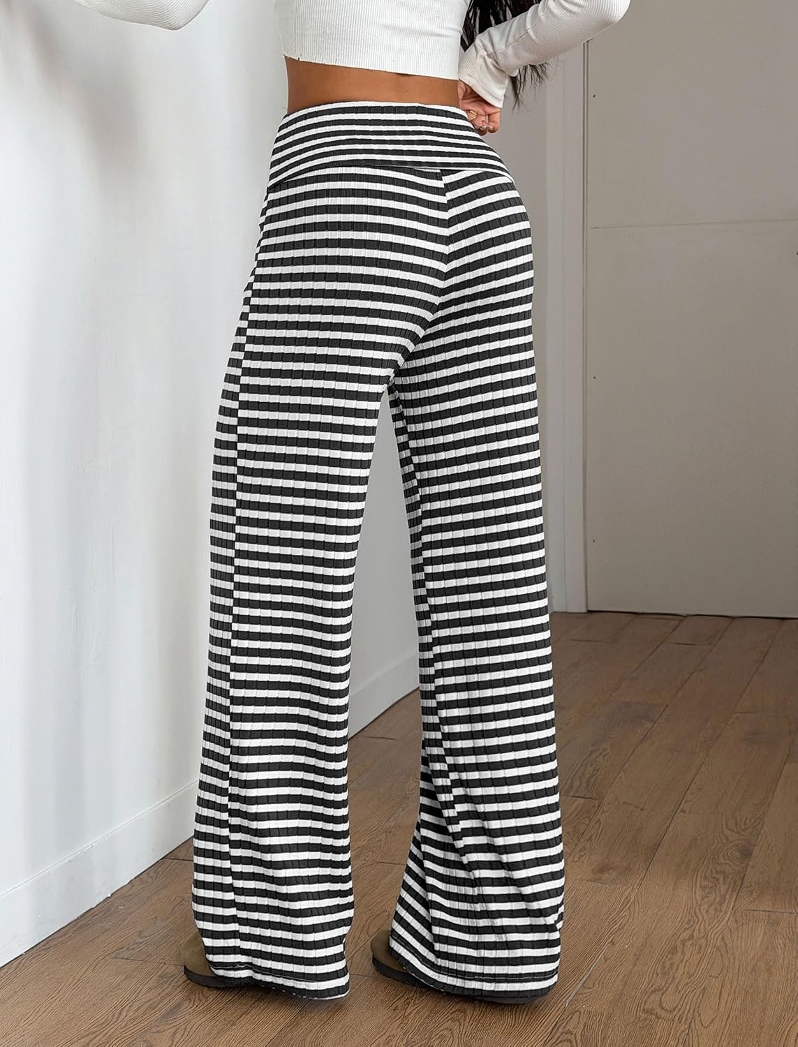 image:imageZAFUL Womens Striped Pants Fold Waist Wide Leg Pants Lounge Pajama Pants1black