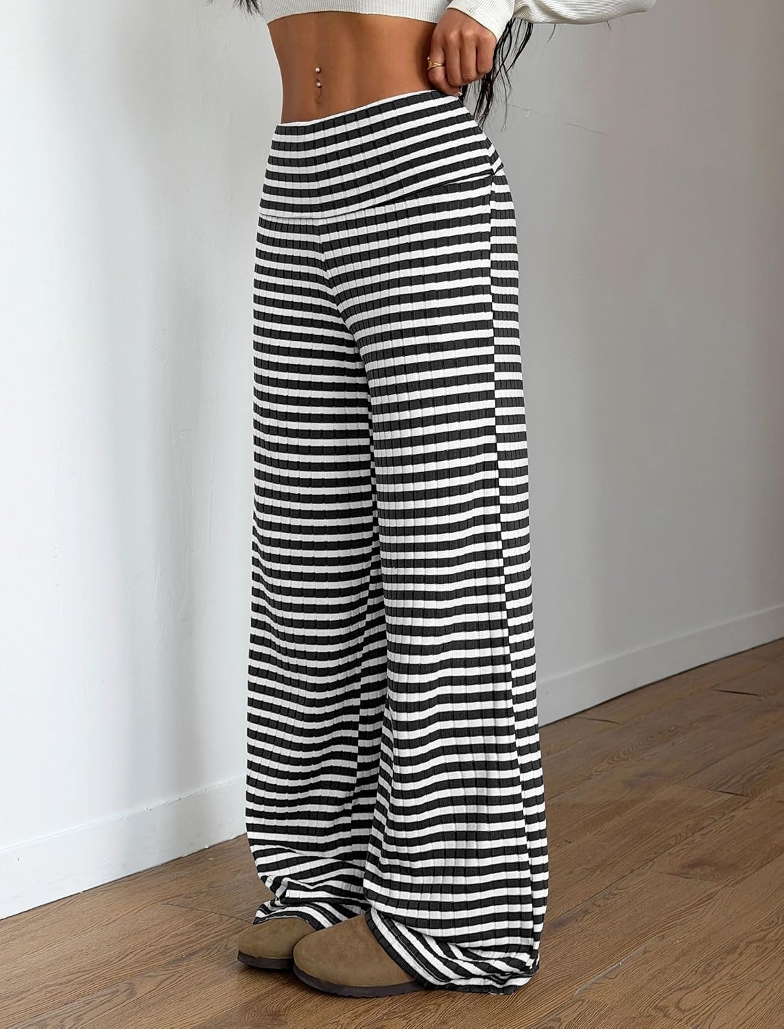 image:imageZAFUL Womens Striped Pants Fold Waist Wide Leg Pants Lounge Pajama Pants1black