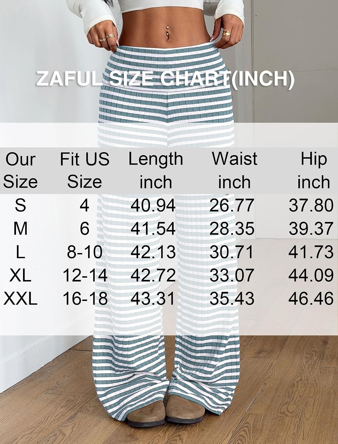 image:imageZAFUL Womens Striped Pants Fold Waist Wide Leg Pants Lounge Pajama Pants1blue