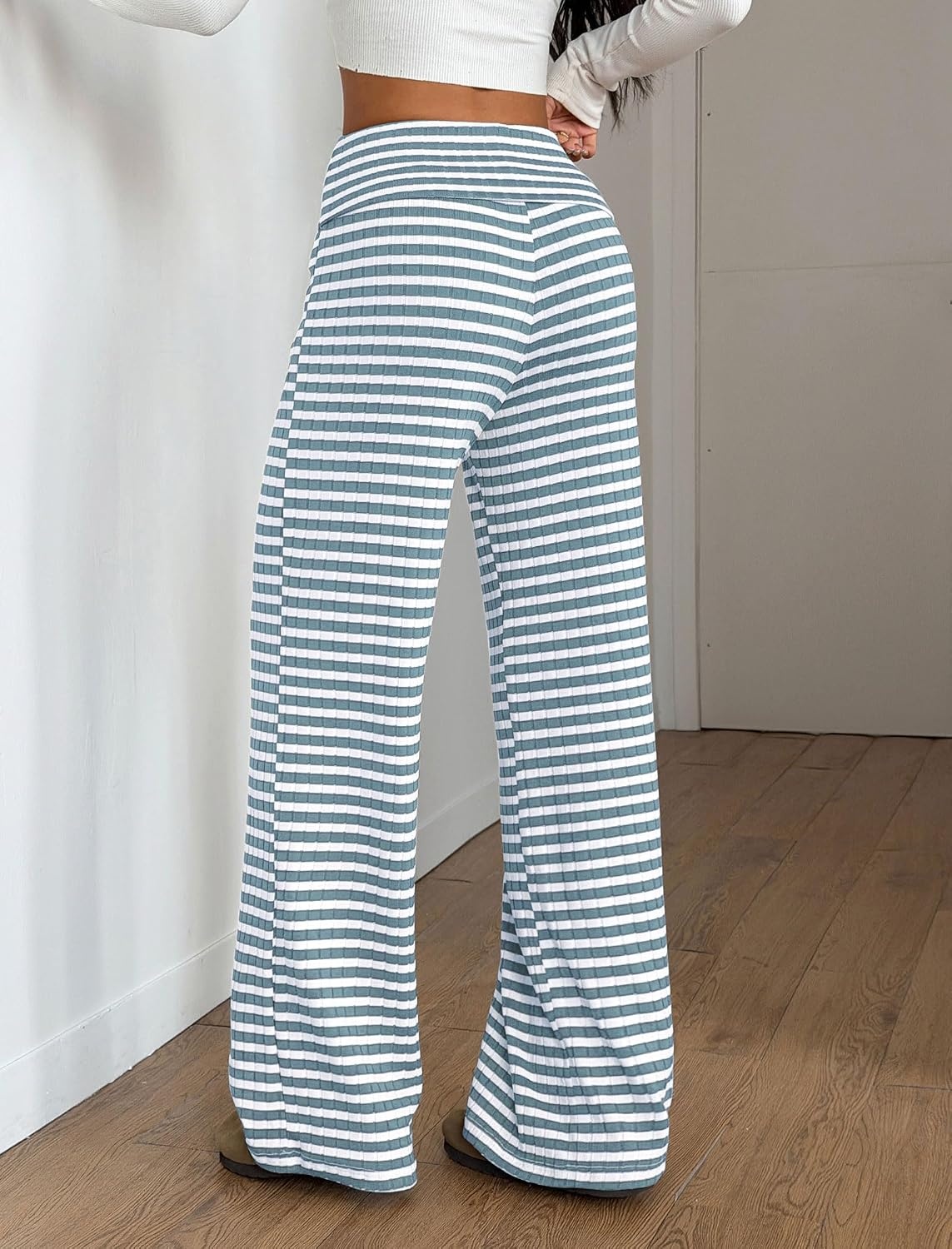 image:imageZAFUL Womens Striped Pants Fold Waist Wide Leg Pants Lounge Pajama Pants1blue