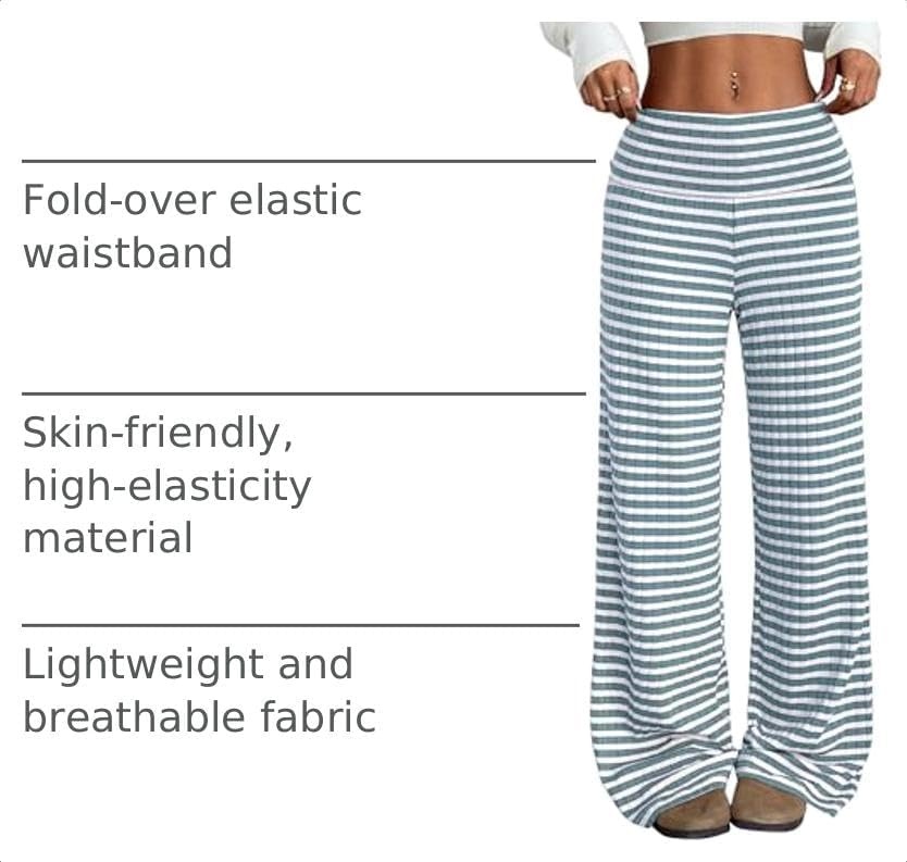 image:imageZAFUL Womens Striped Pants Fold Waist Wide Leg Pants Lounge Pajama Pants1blue