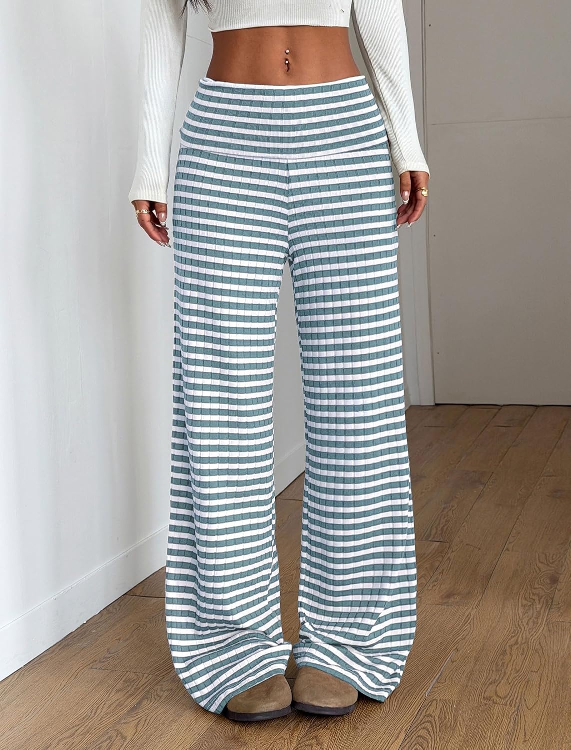 image:imageZAFUL Womens Striped Pants Fold Waist Wide Leg Pants Lounge Pajama Pants1blue