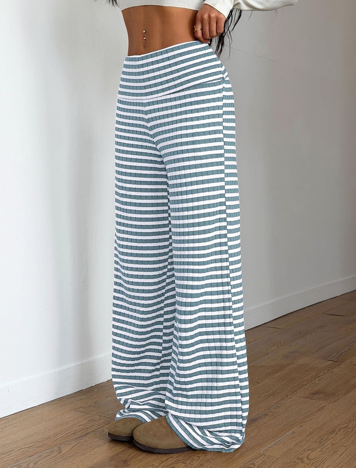 image:imageZAFUL Womens Striped Pants Fold Waist Wide Leg Pants Lounge Pajama Pants1blue