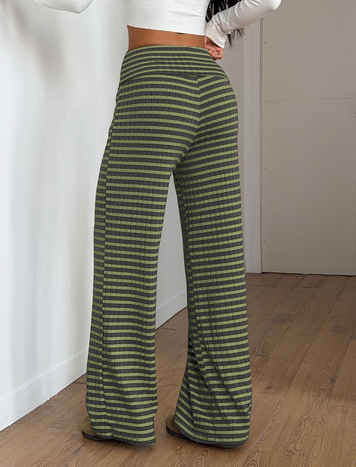 image:imageZAFUL Womens Striped Pants Fold Waist Wide Leg Pants Lounge Pajama Pants2army Green